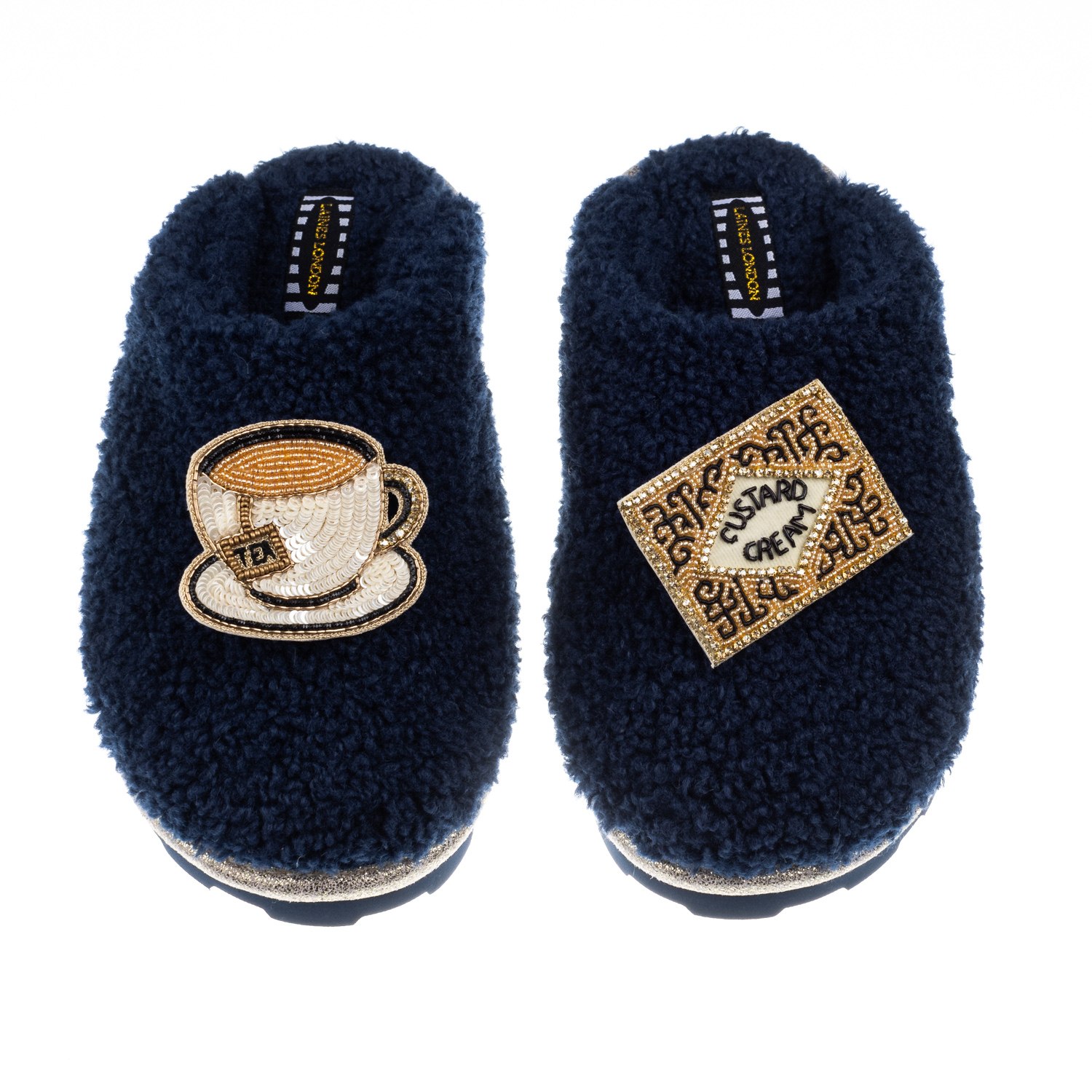 Laines London Women's Blue Teddy Towelling Closed Toe Slippers With Tea & Biscuit Brooches - Navy In Blue