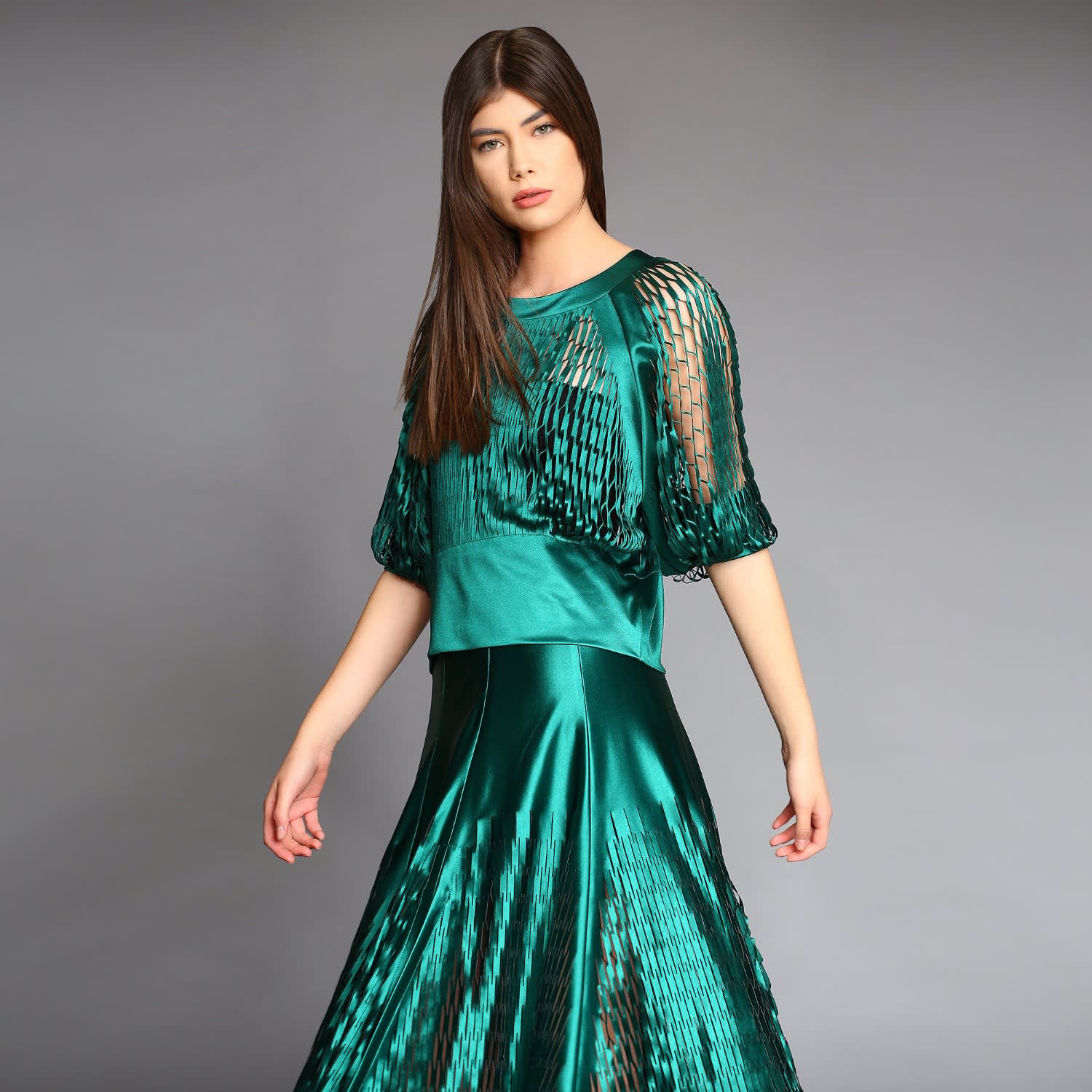Laser Cut Green Paneled Skirt | Silvia Serban | Wolf & Badger