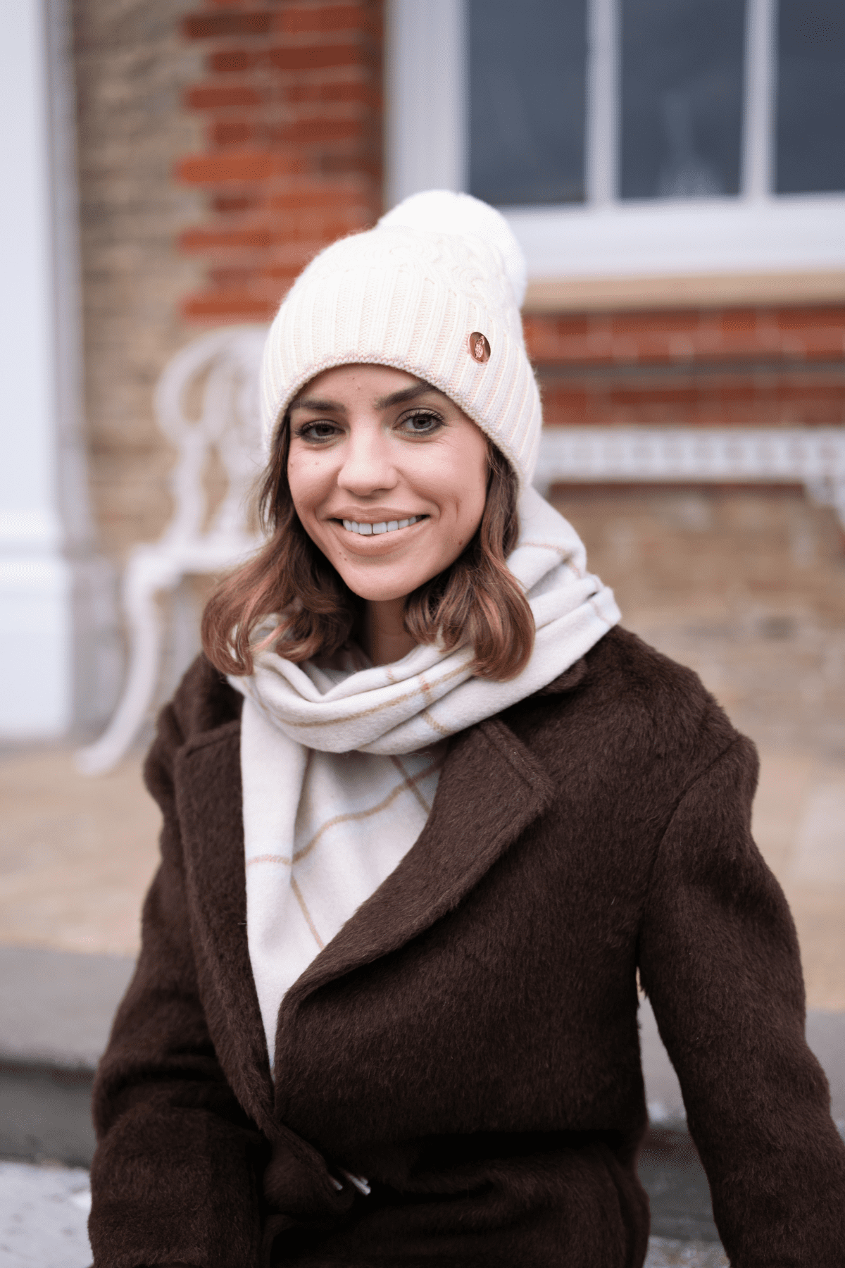 Hortons England Cashmere Wool Ribbed Knit Beanie Faux Fur Pompom Beige One Size‎ Cable Knit Fur Pom Hat, Timber – SpearmintLOVE main image 2