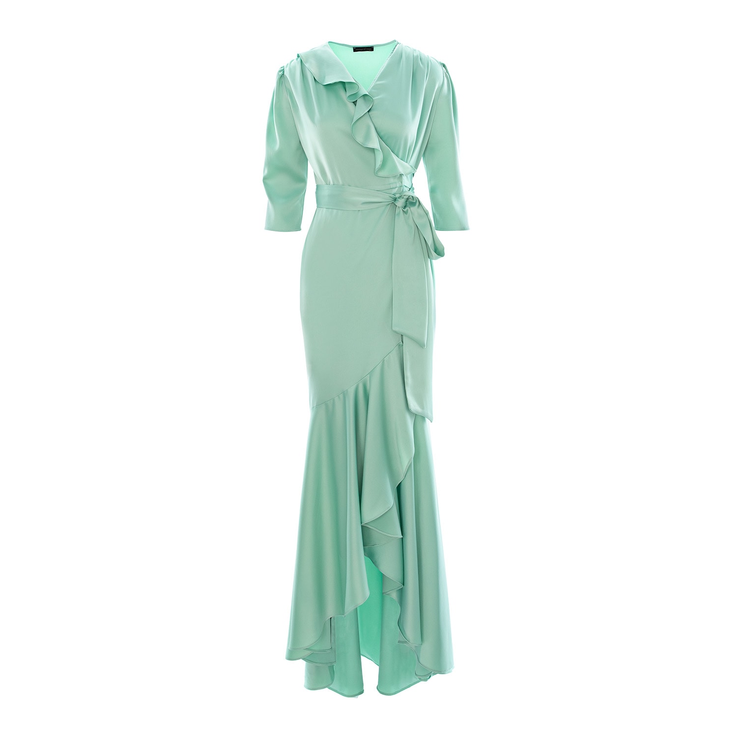 Women's Green Mint Long Cocktail Dress With Train And Three-Quarter Sleeves | M/L | Concept a Trois