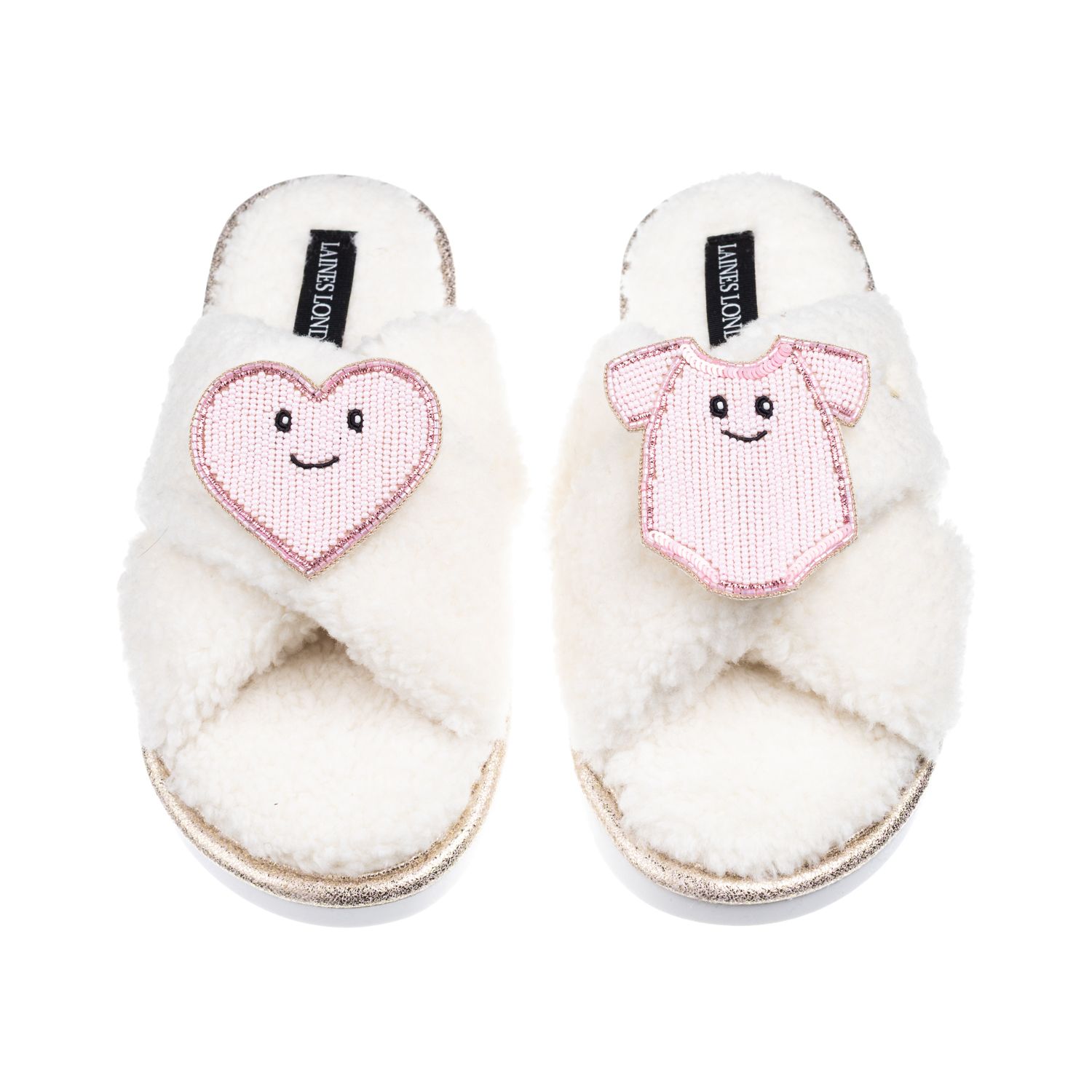 Laines London Women's Neutrals / White Laines Boucle Slippers With Laines Loveables Pink Love & Baby Grow Brooches