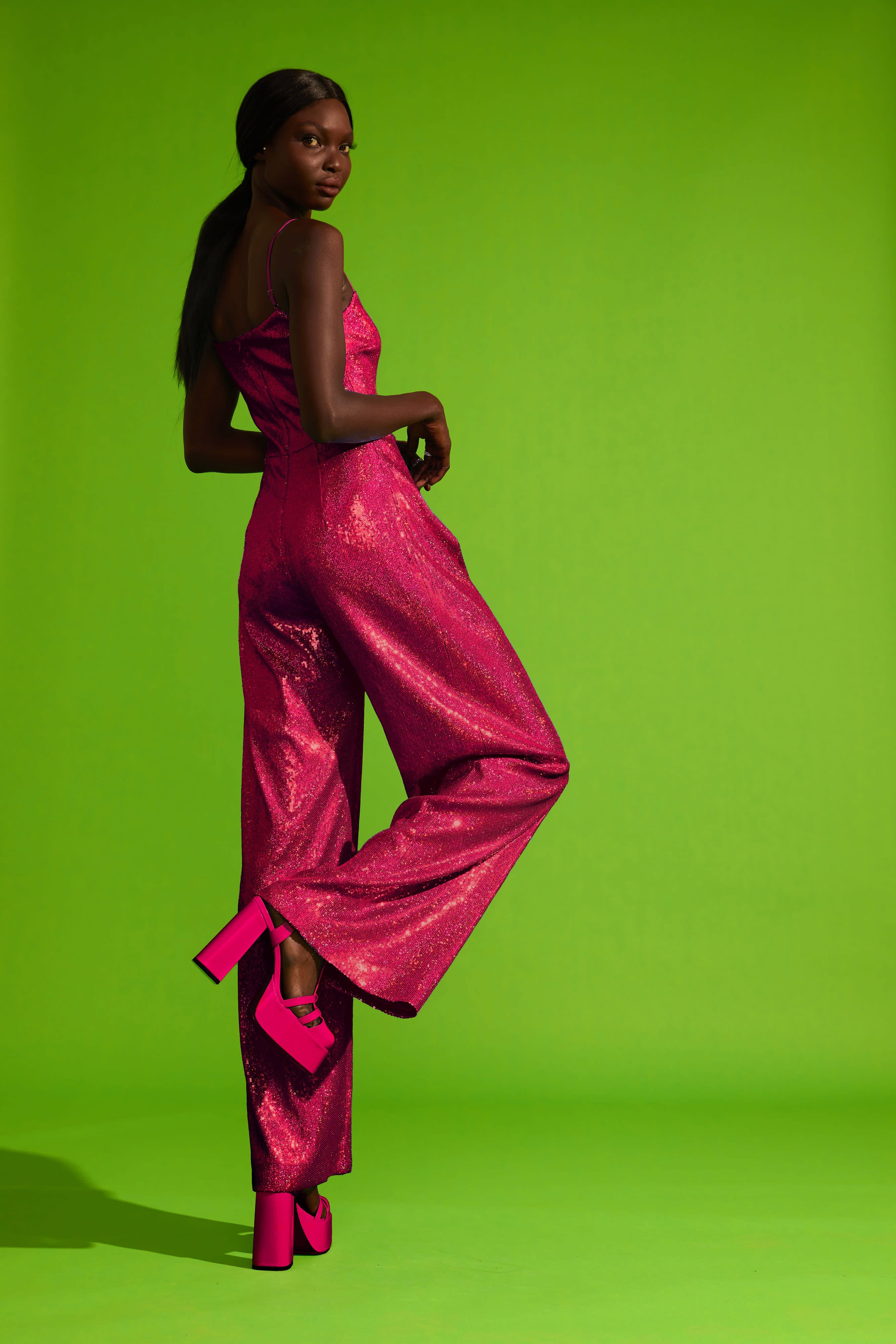 Sequined Spaghetti Strap Jumpsuit Magenta L MOMO Wolf Badger