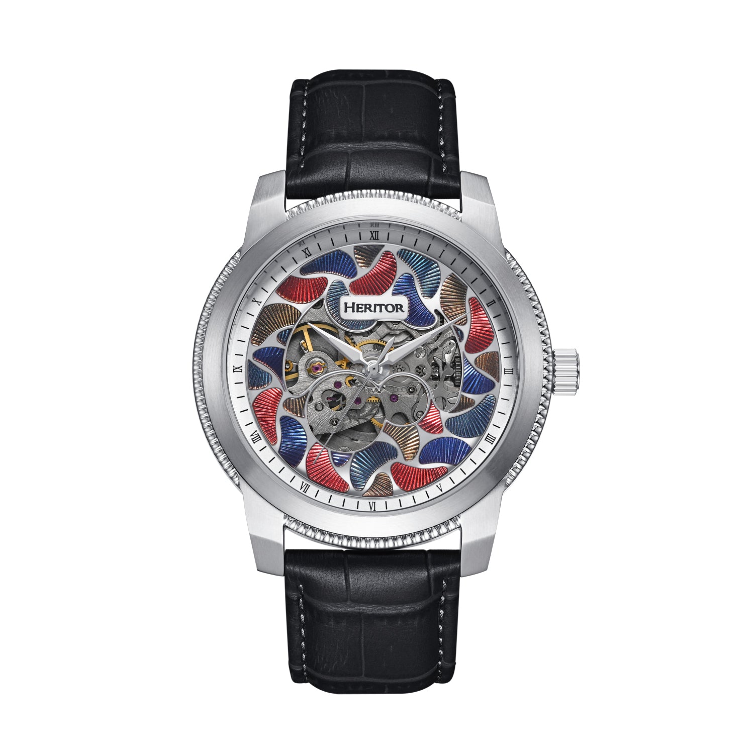 Heritor Automatic Men's Black / Silver Emmanuel Semi-skeleton Leather-band Watch - Black, Silver