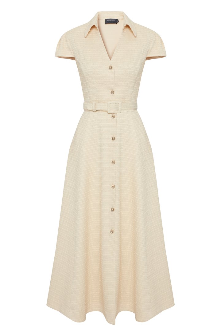 Exquise Women's Neutrals Regular Short Sleeve Button-front Midi Shirt Dress - Ecru In Sand
