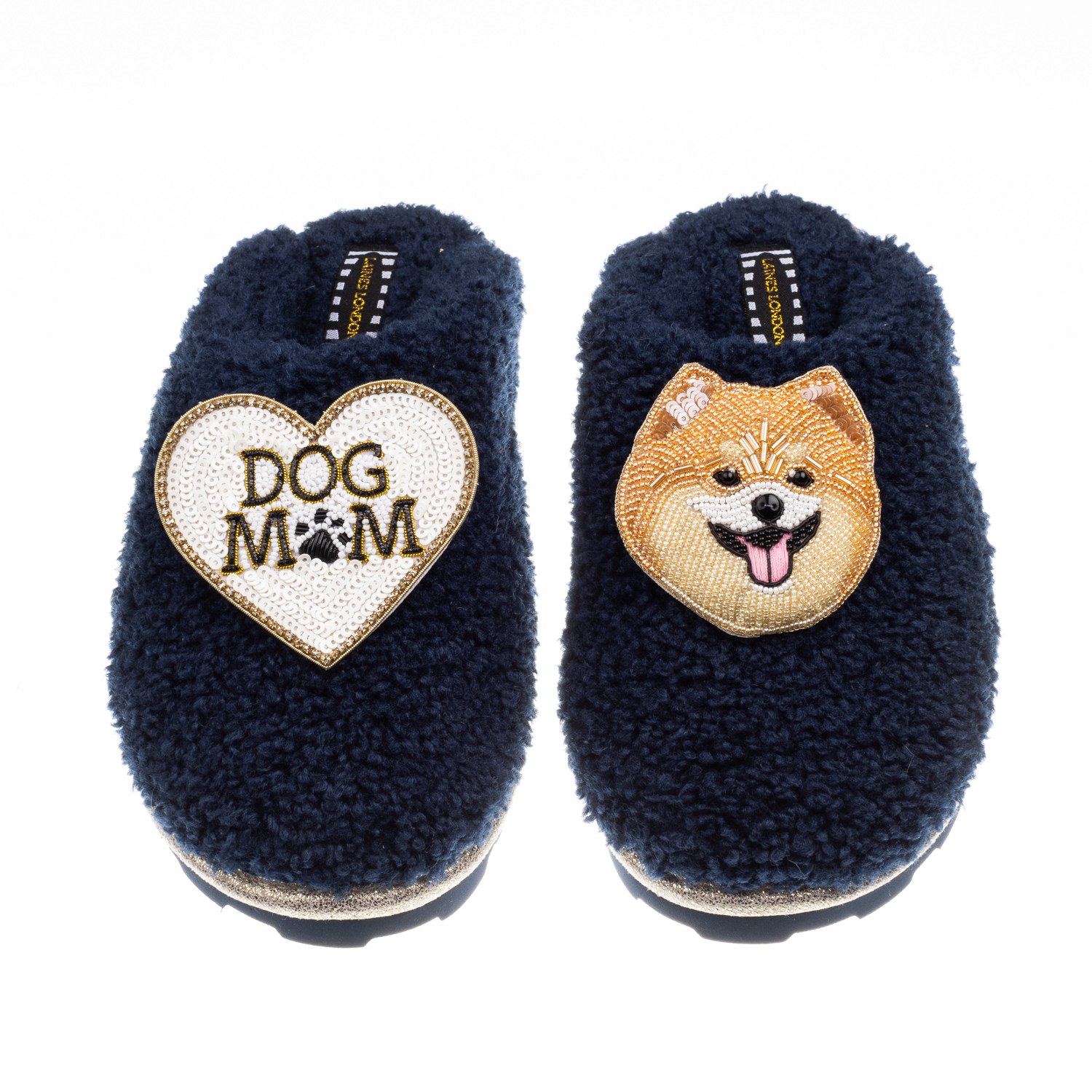Laines London Women's Blue Teddy Closed Toe Slippers With Teddy The Pomeranian & Dog Mum / Mom Brooches - Navy In Blue