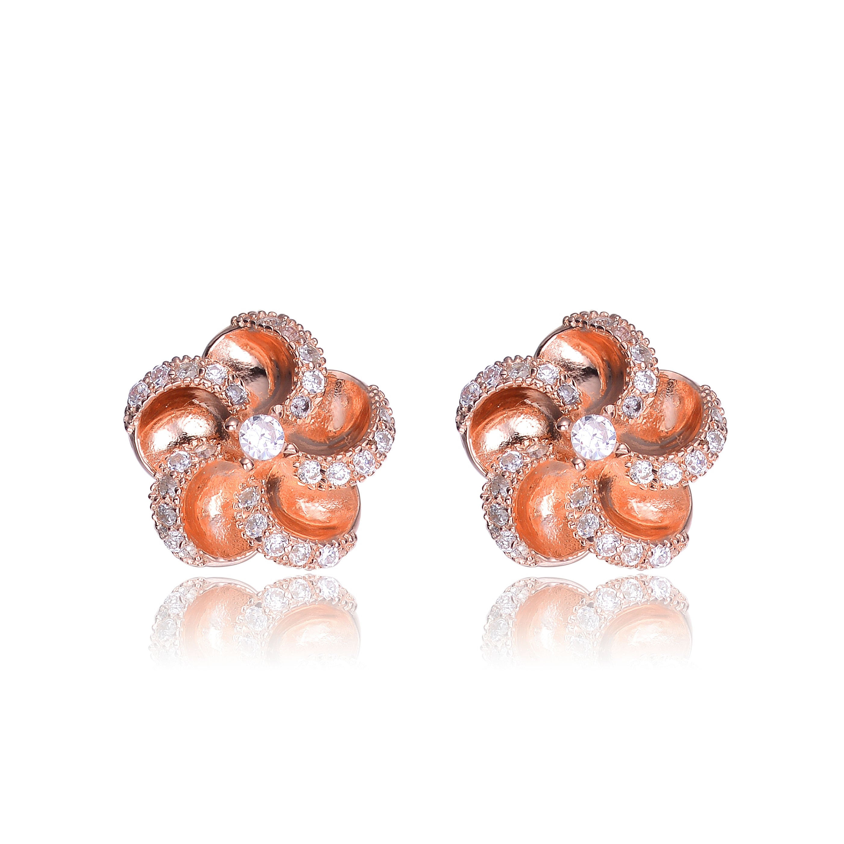 Genevive Jewelry Women's Rose Gold / Pink Cubic Zirconia Sterling Silver Rose Plated Flower Earrings In Pink