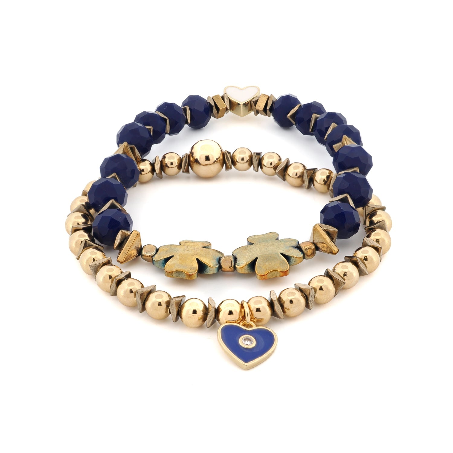 Ebru Jewelry Women's Gold / Blue Deep Love Blue Crystal & Heart Charm Gold Bracelet Set - Blue