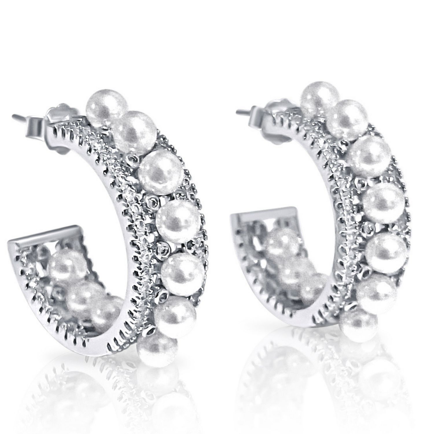 Hzmer Jewellery Women's Nostalgia Pearl Shimmer Hoop Earrings In Sterling Silver