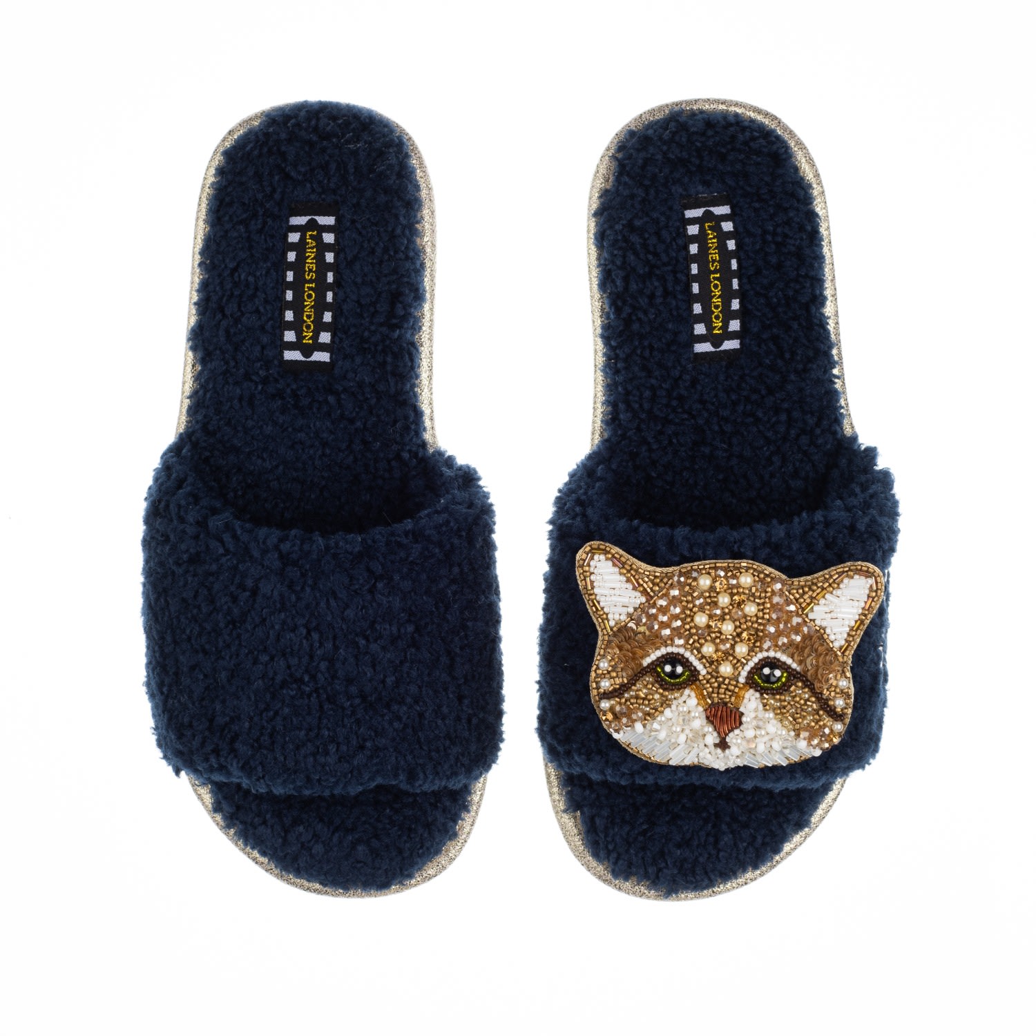 Women’s Blue Teddy Towelling Slipper Sliders With Tom Cat Brooch - Navy Small Laines London