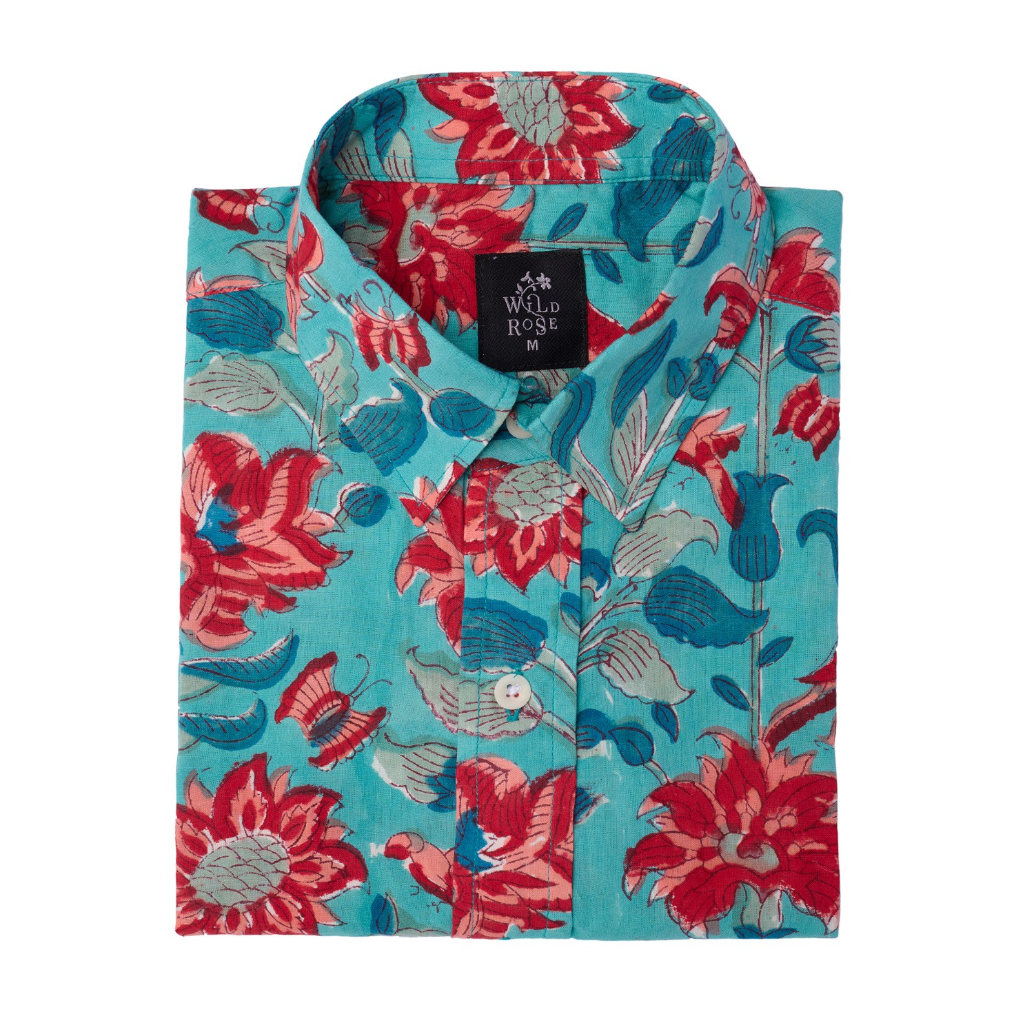 Wild Rose Men's Blue / Red Molok Hand Block Print Cotton Long Sleeved Floral Shirt In Blue/red