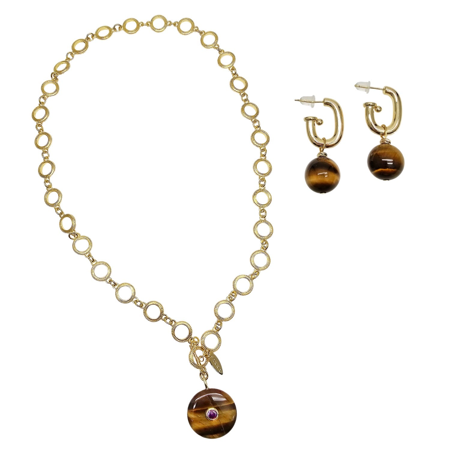 Farra Women's Brown Tiger Eye Pendant Lariat Necklace And Dangle Earrings Set In Gold