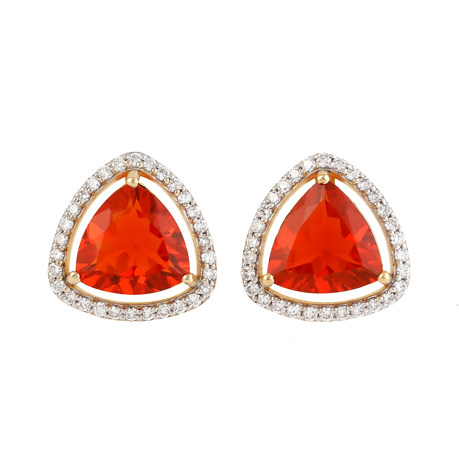 Women’s Gold / White / Yellow Trillion Cut Fire Opal With Halo Natural Diamond In 18K Solid Gold Stud Earrings Artisan