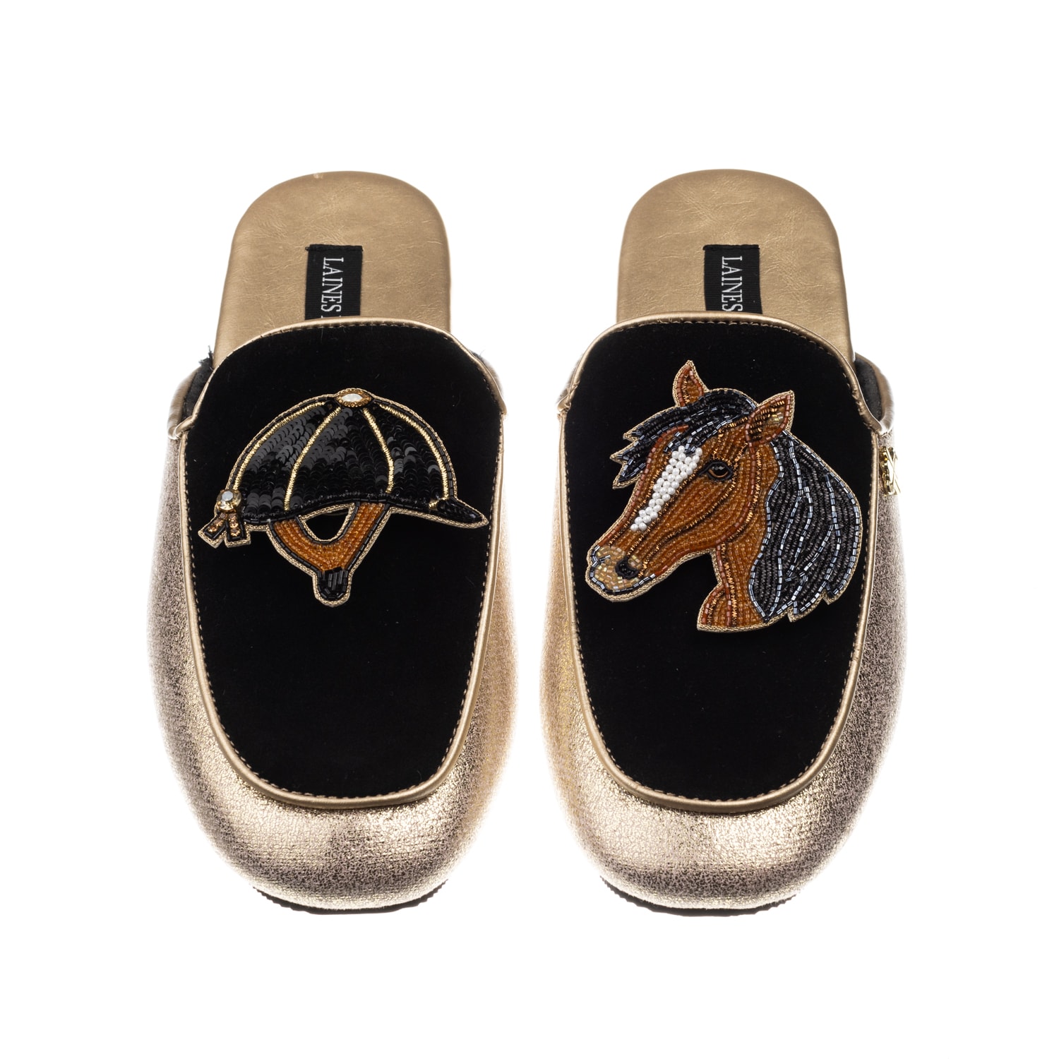 Laines London Women's Black / Gold Classic Mules With Horse & Riding Hat Brooches - Black & Gold In Black/gold