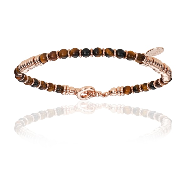 Men’s Brown Tiger’s Eye Stone Beaded Bracelet With Rose Gold Beads Unisex Double Bone Bracelets