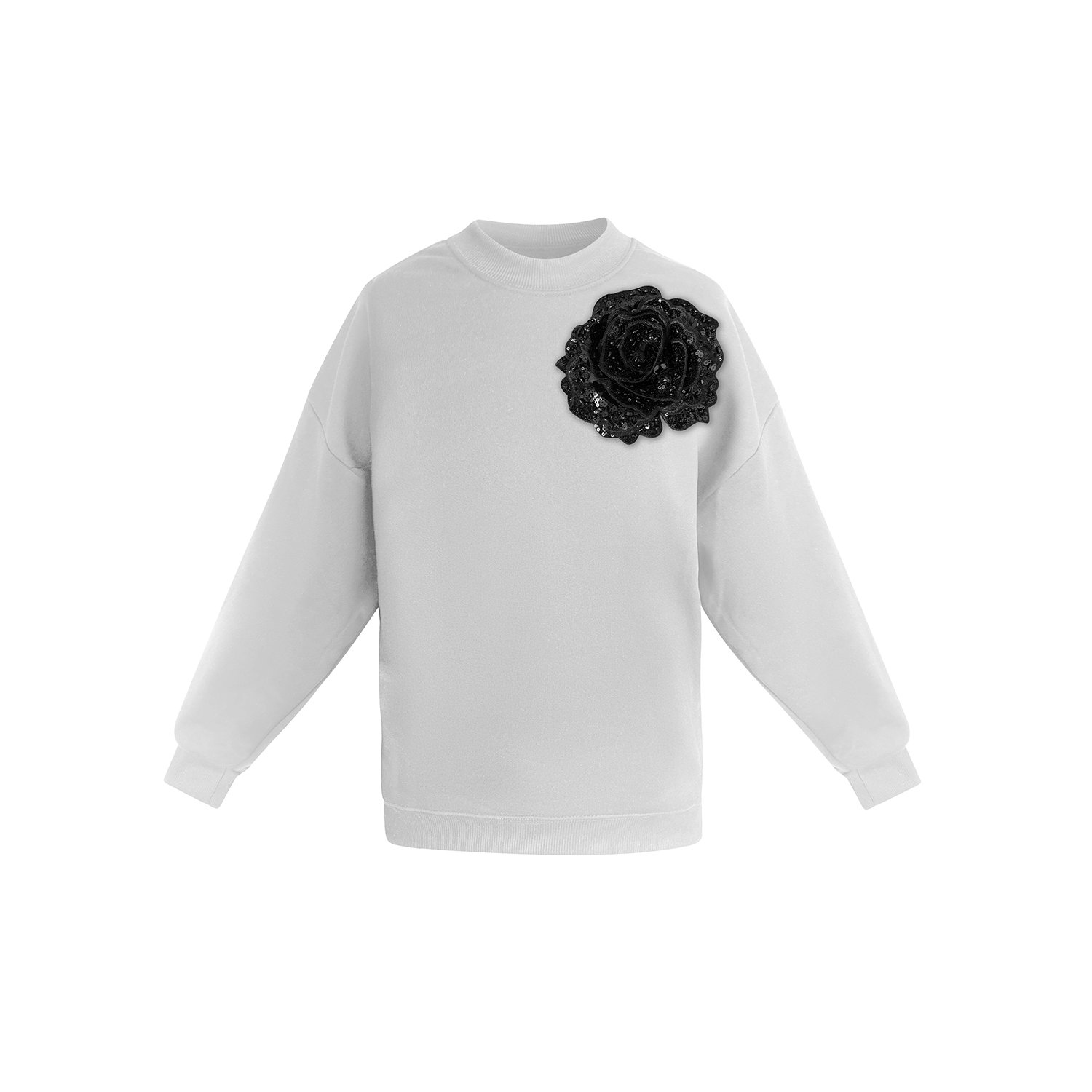 Toma Women's White / Black White Sweatshirt With Top Side Black Sequin Rose In Gray