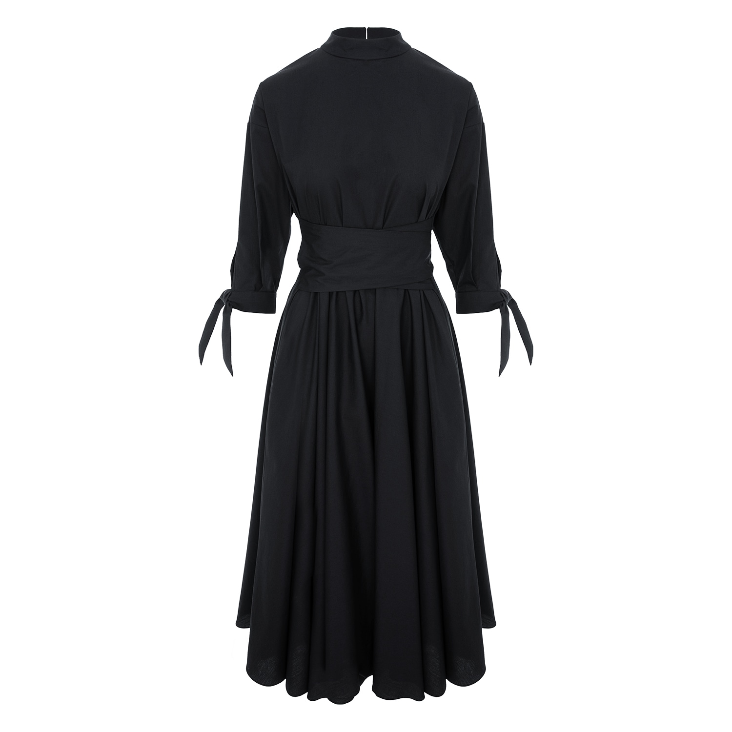 Women’s Black Audrey Organic Cotton Midi Dress With Raglan Sleeves And Waist Cord L/Xl Ipanomi