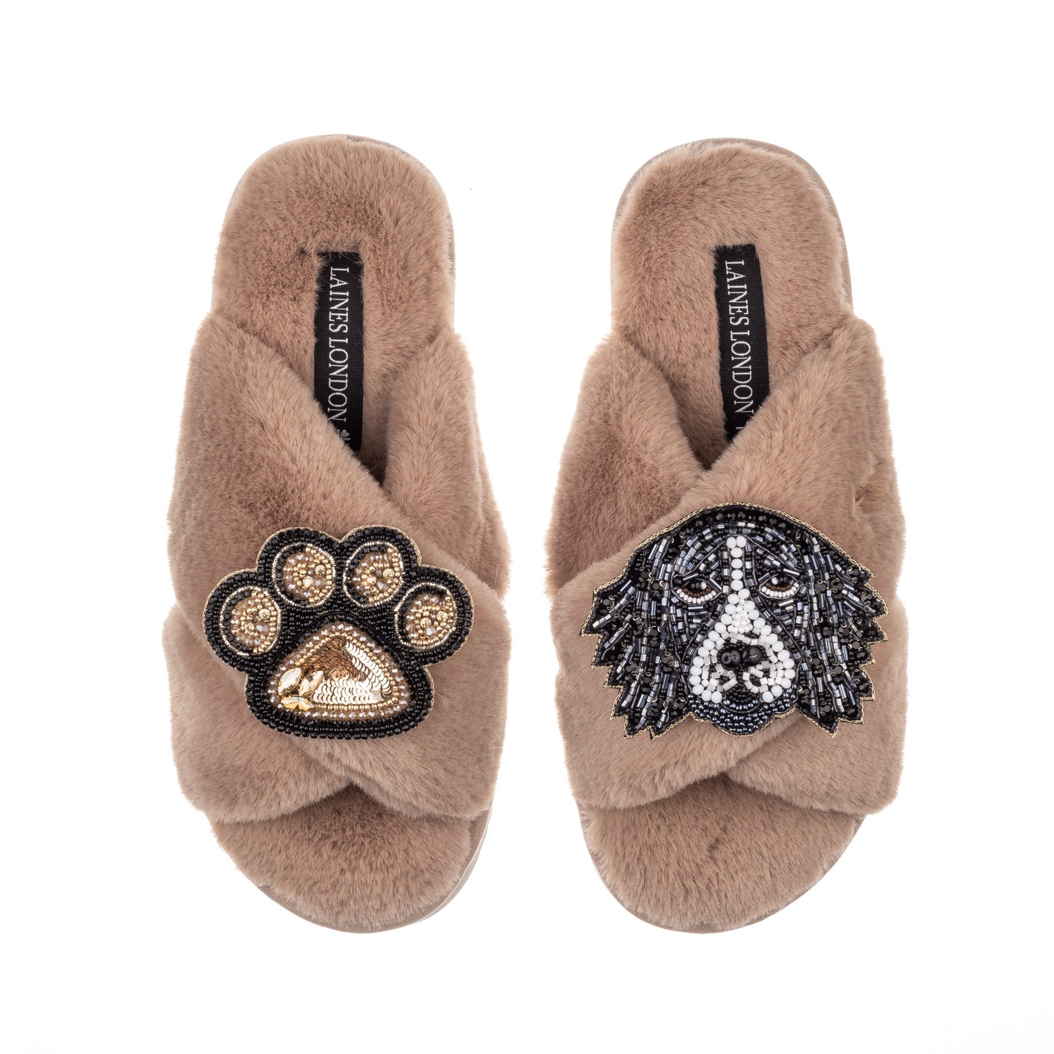 Laines London Women's Brown Classic Laines Slippers With Bentley The Black & White Spaniel & Paw Brooches - Toffee