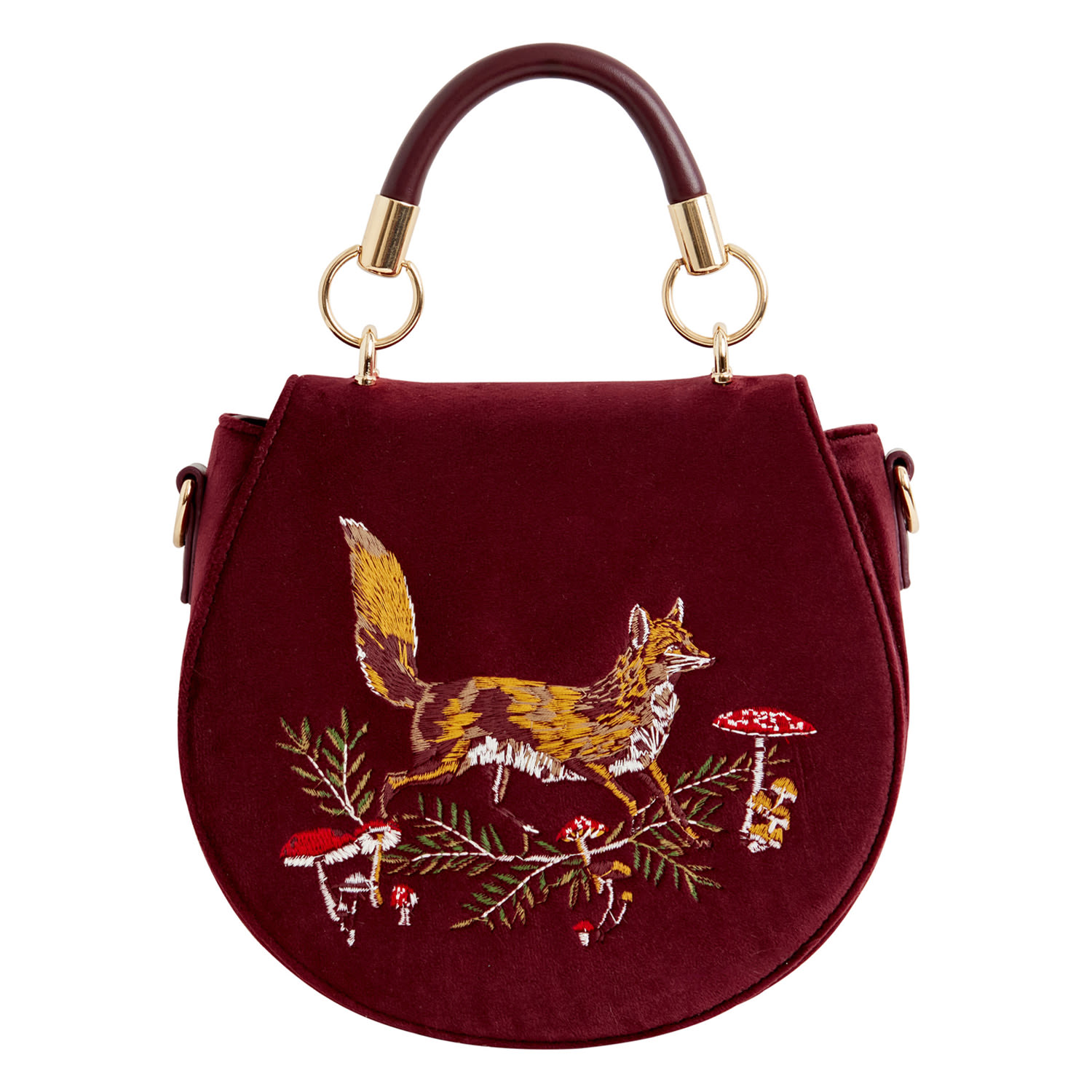 Women’s Fable Fox & Mushroom Embroidered Saddle Bag - Redcurrant Velvet Fable England