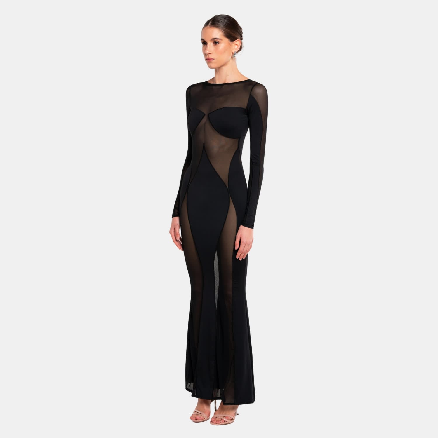 knee length dresses for ladies Pinkblush Black Shimmer Mesh Long Sleeve Ruched Maternity Midi Dress Large main image 0
