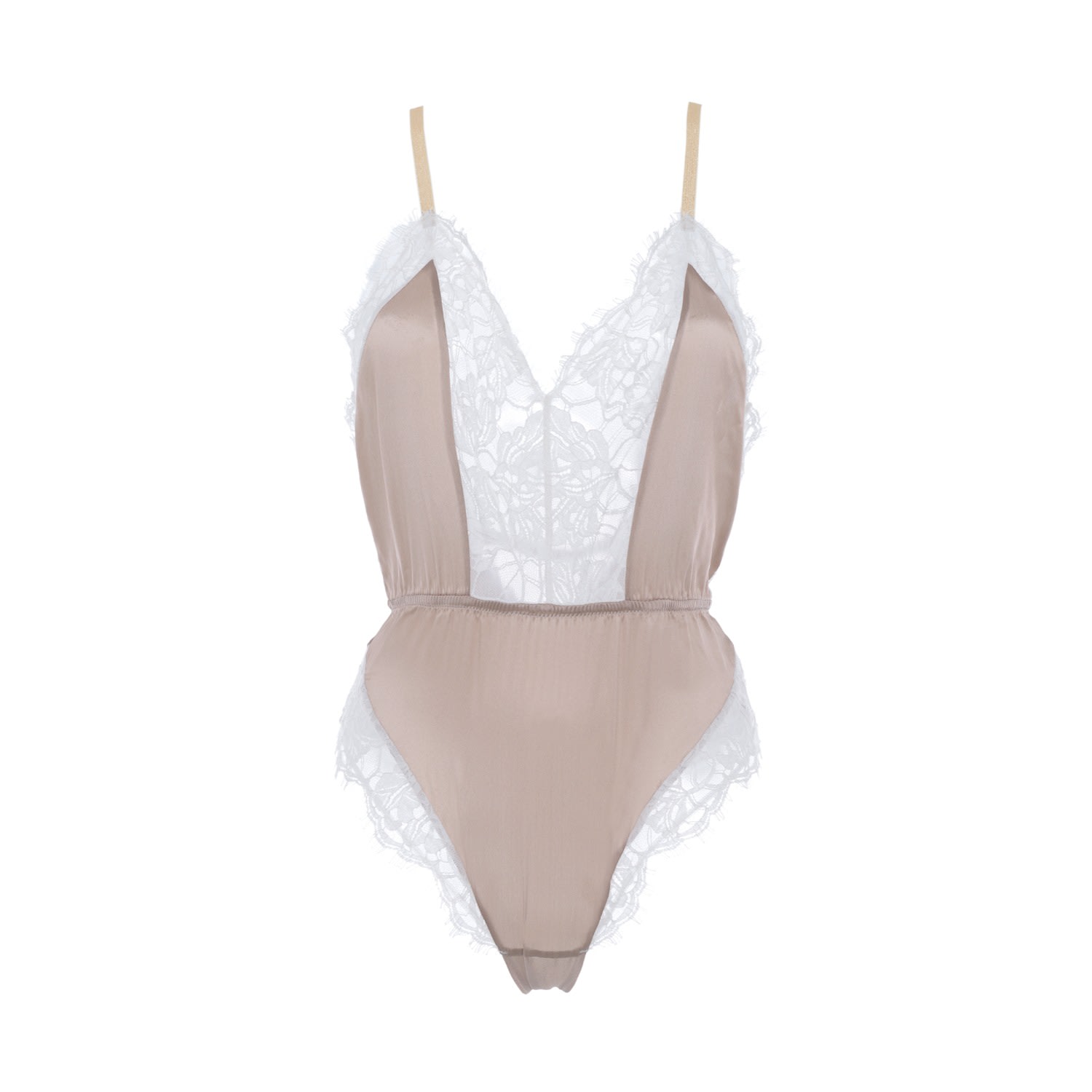 Women’s White / Brown / Neutrals Silk & Cotton Lace Bodysuit - White & Sand - Grace Extra Small Saeta Paris