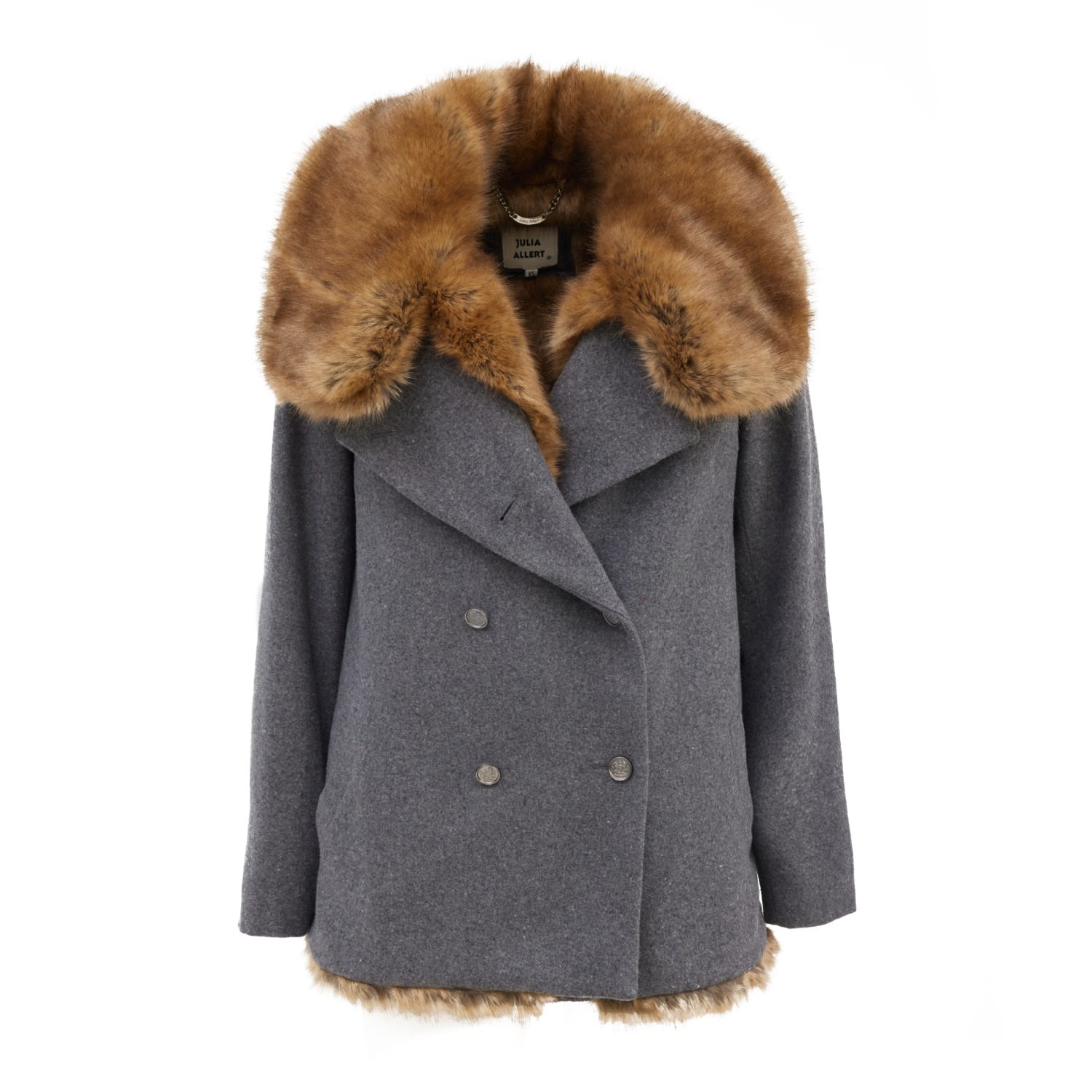 Women’s Grey / Yellow / Orange Mid-Thigh Length Double-Breasted Coat With Fur Collar Grey Small Julia Allert