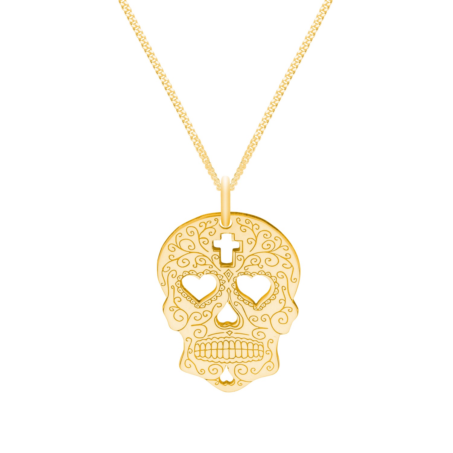 Medium Gold Sugar Skull With Heart Eyes Pendant Necklace CarterGore