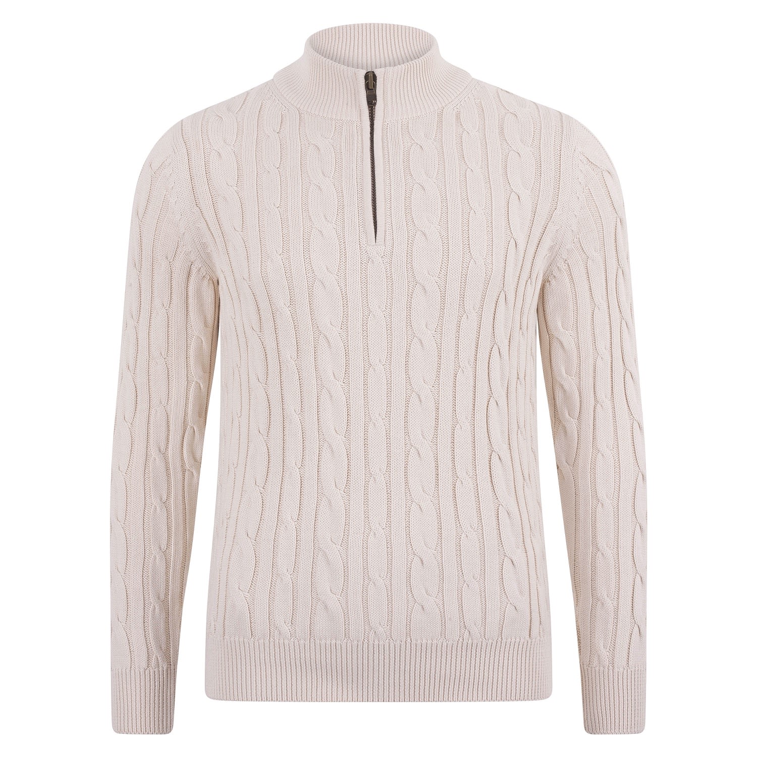 Paul James Knitwear Neutrals Mens Midweight Romano Cotton Cable Zip Neck Jumper - Ecru In Beige