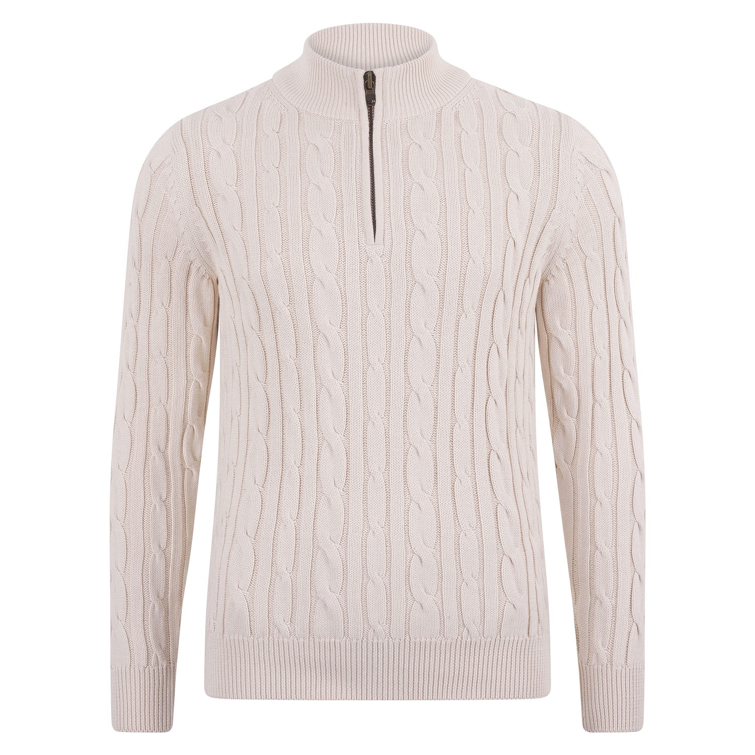 Neutrals Mens Midweight Romano Cotton Cable Zip Neck Jumper - Ecru Large Paul James Knitwear