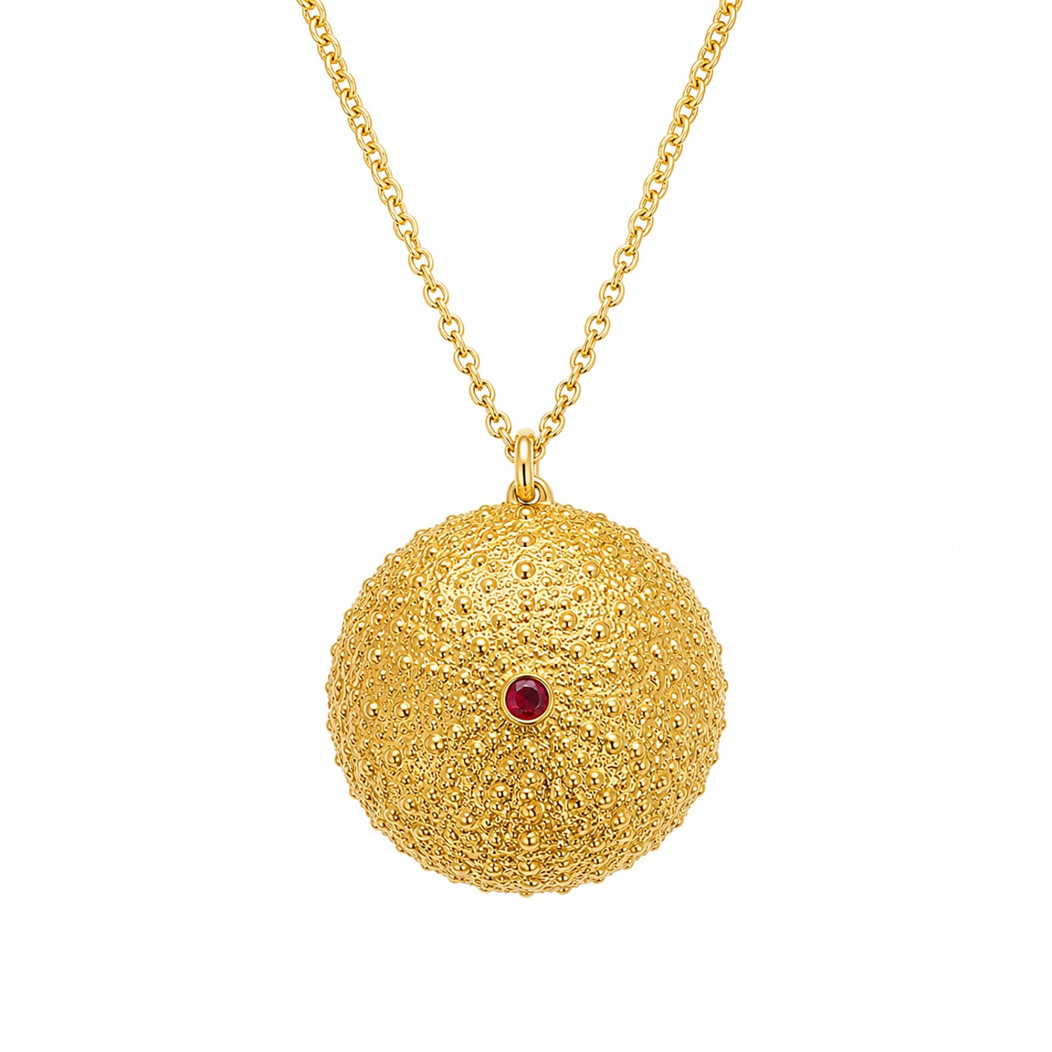 Mother Nature Jewelry Women's Gold Sea Urchin Necklace With Red Zircon, Handmade Sea Pendant - Nature Jewelry, Recycled Br