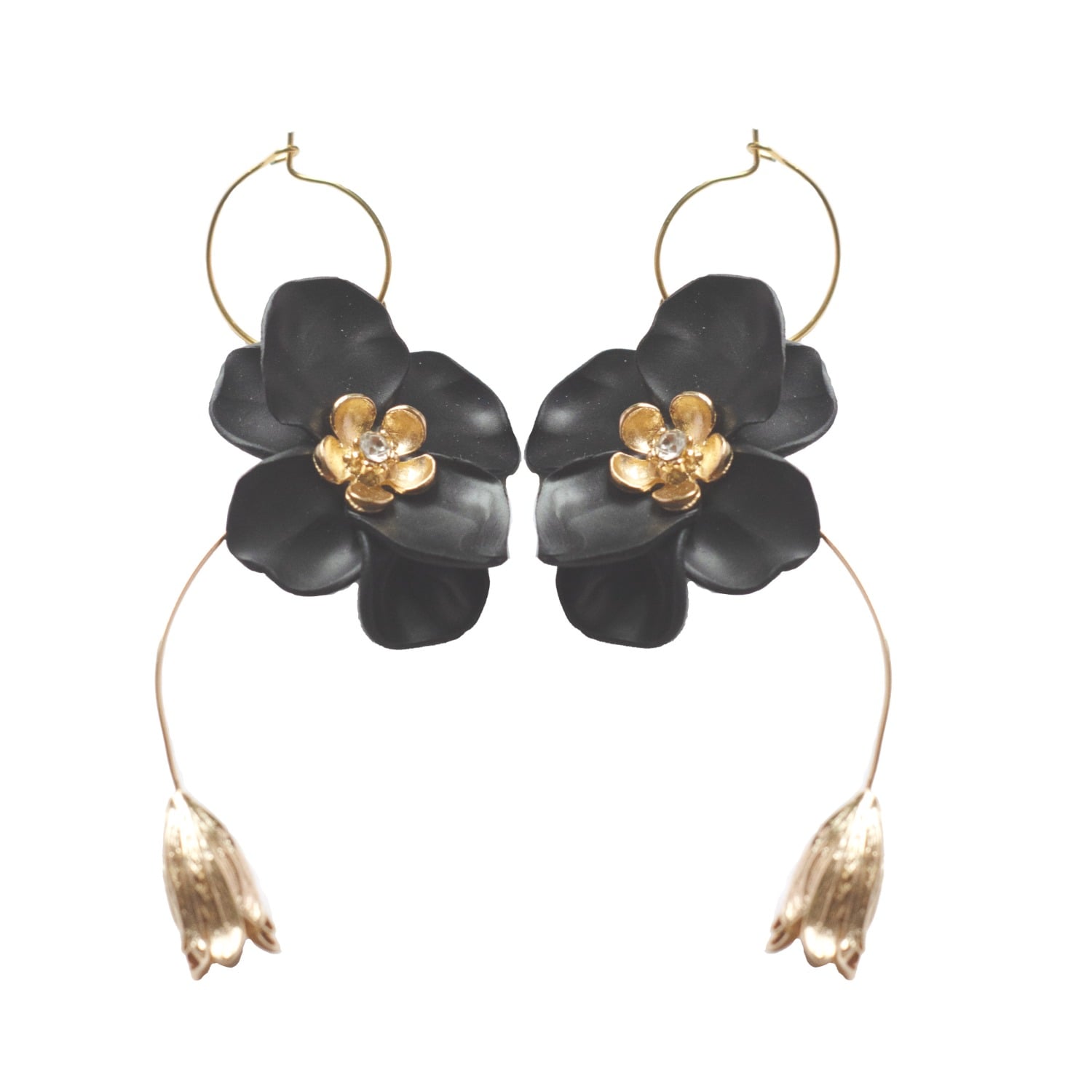 Ziolla Designs Women's Black / Gold Black Flower Drop Earrings With Gold Bell Flower Charms