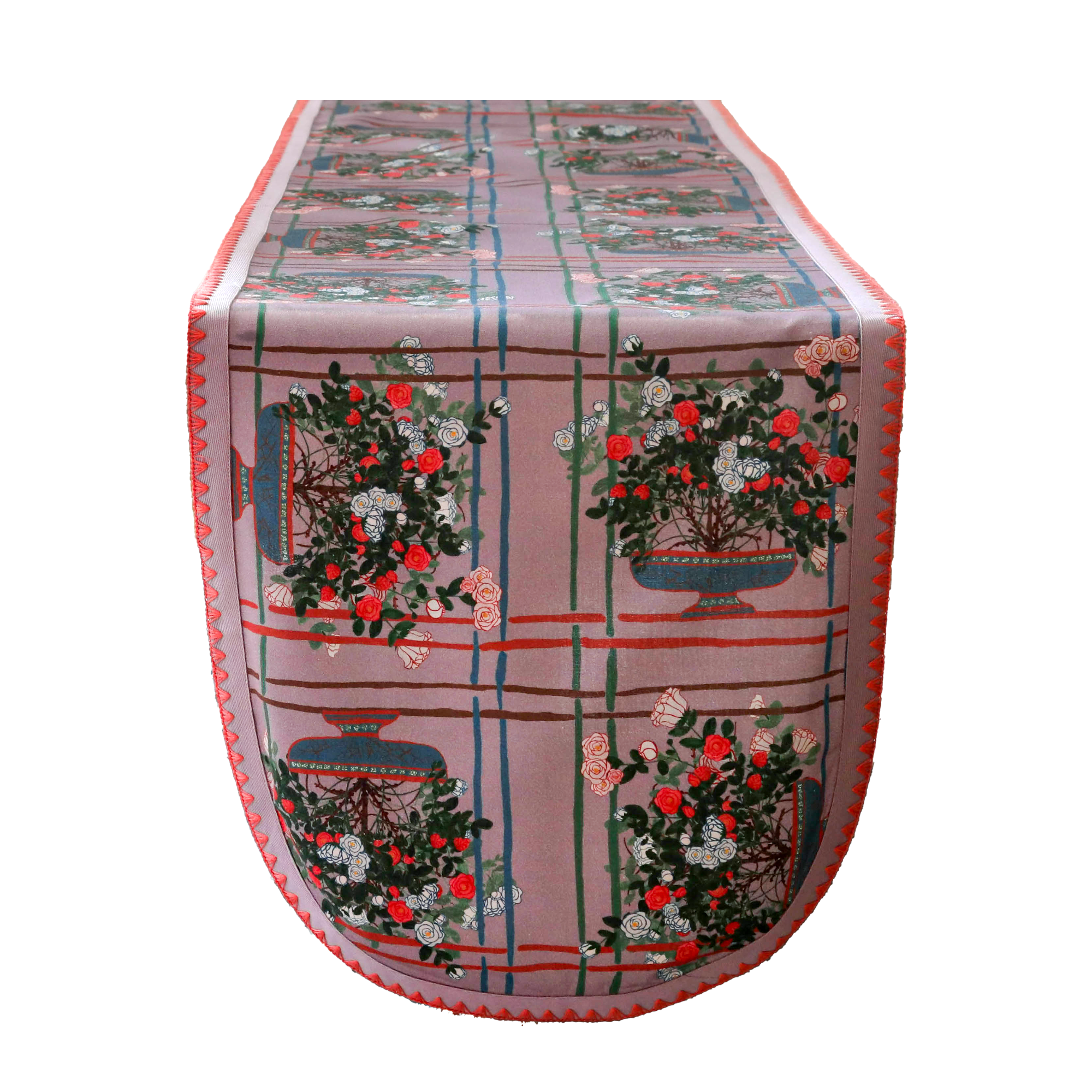 Sophie Williamson Design Pink Large Table Runner In Dusty Lilac With Romantic Roses And Bold Lines In Pink
