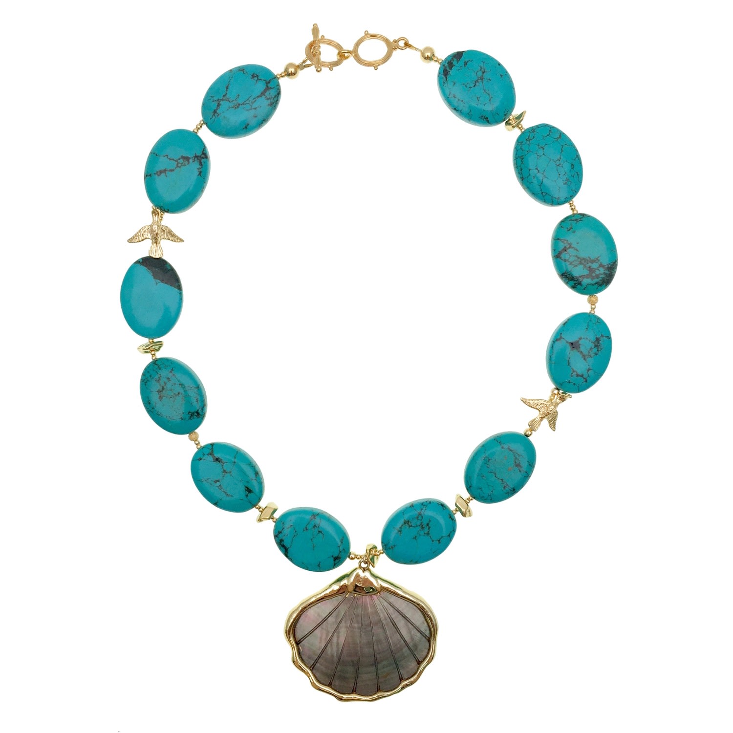 Farra Women's Blue Turquoise With Shell Pendant Short Necklace