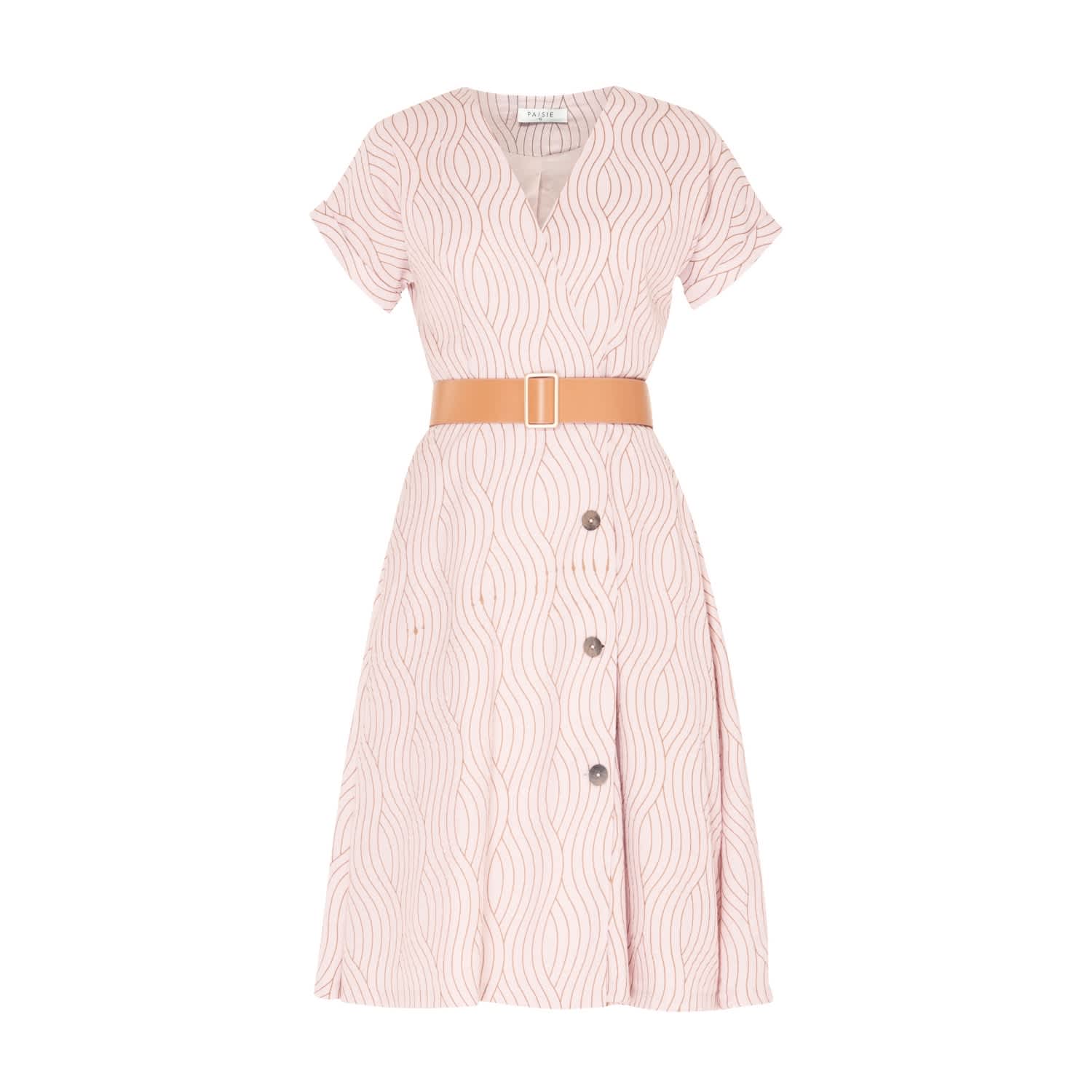 Wave Print Wrap Dress With Front Buttons (With Wide Belt) In Blush ...