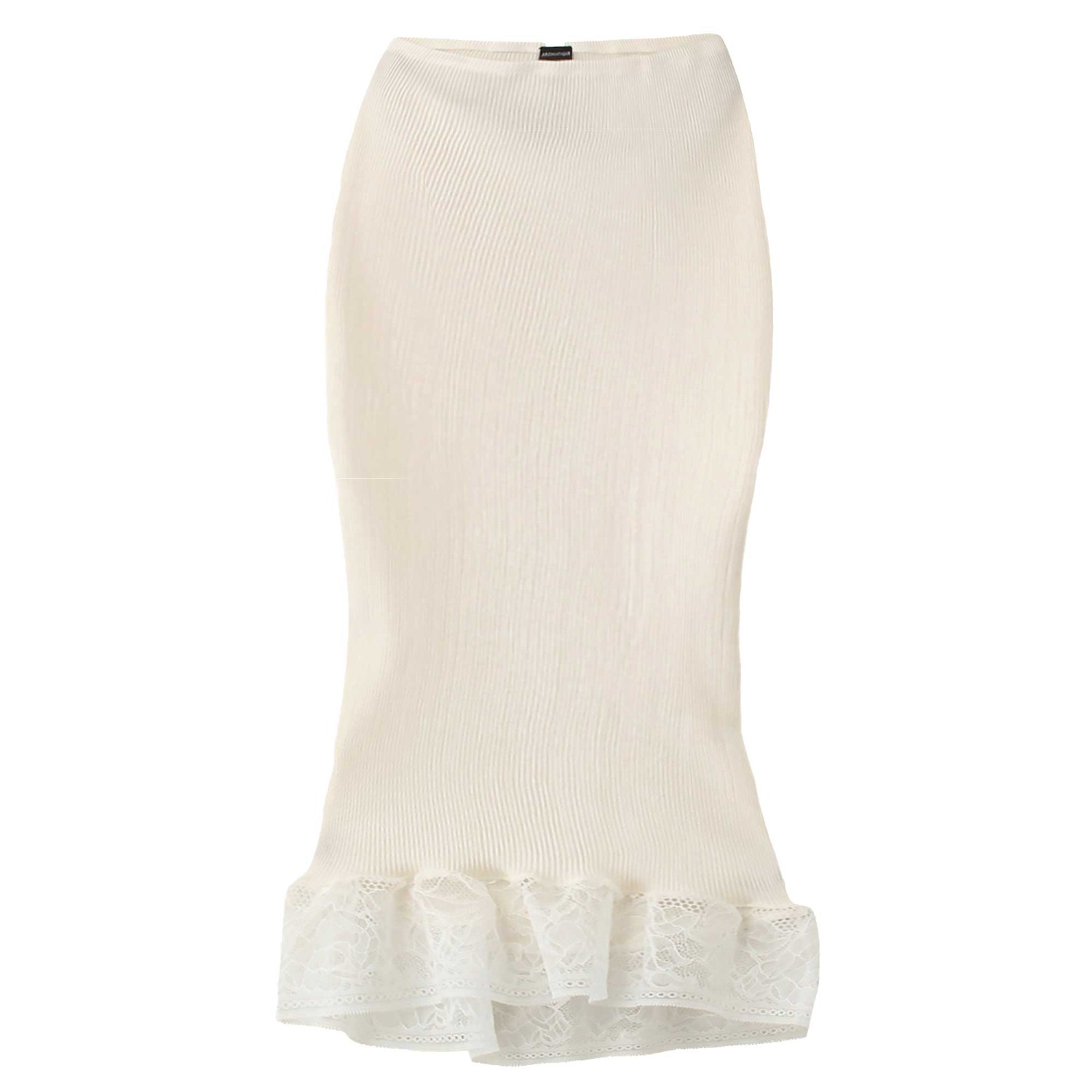 Aromatique Women's White Ribbed Silk & Leavers Lace Pencil Under Skirt In White
