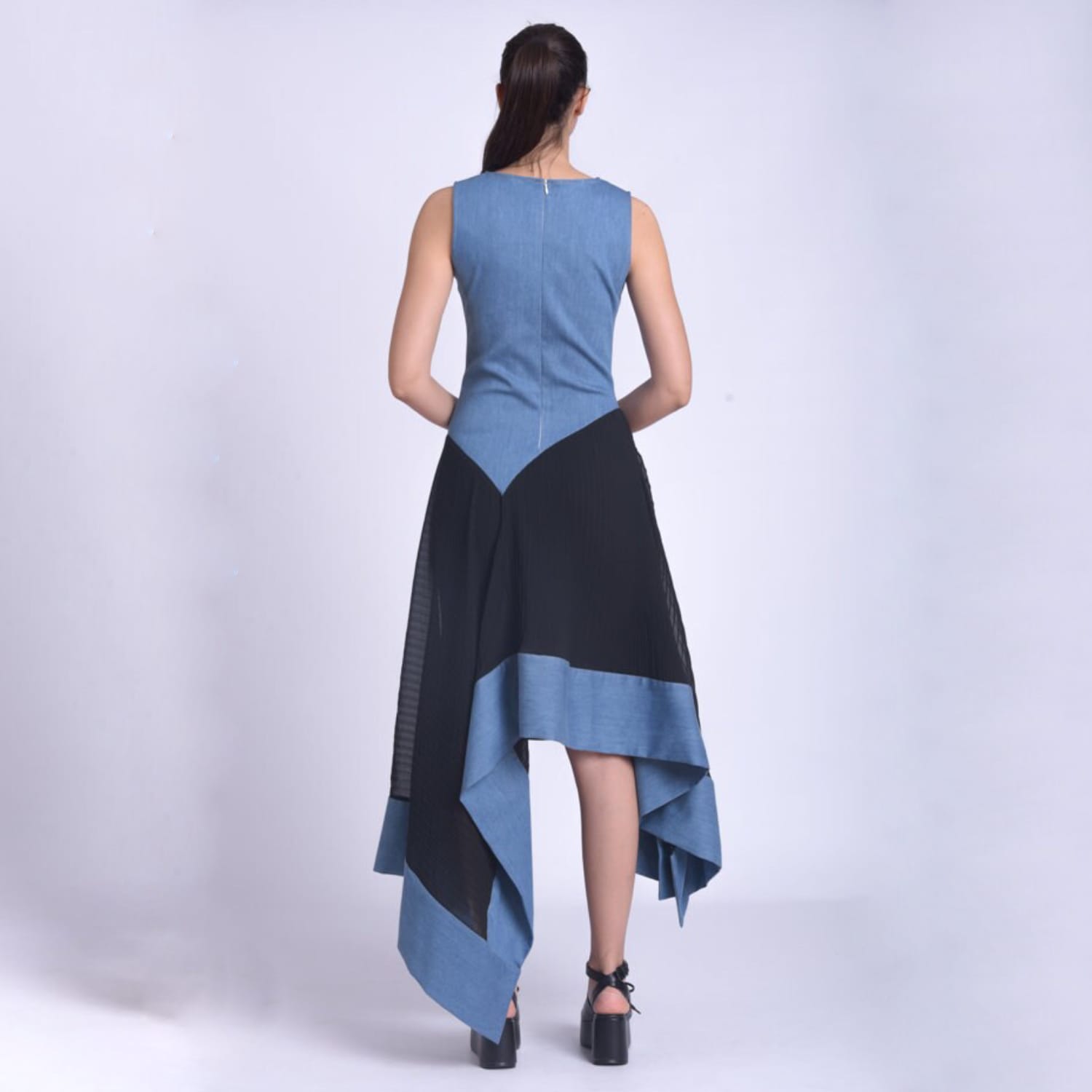 Asymmetric Denim Chiffon Dress | Metamorphoza