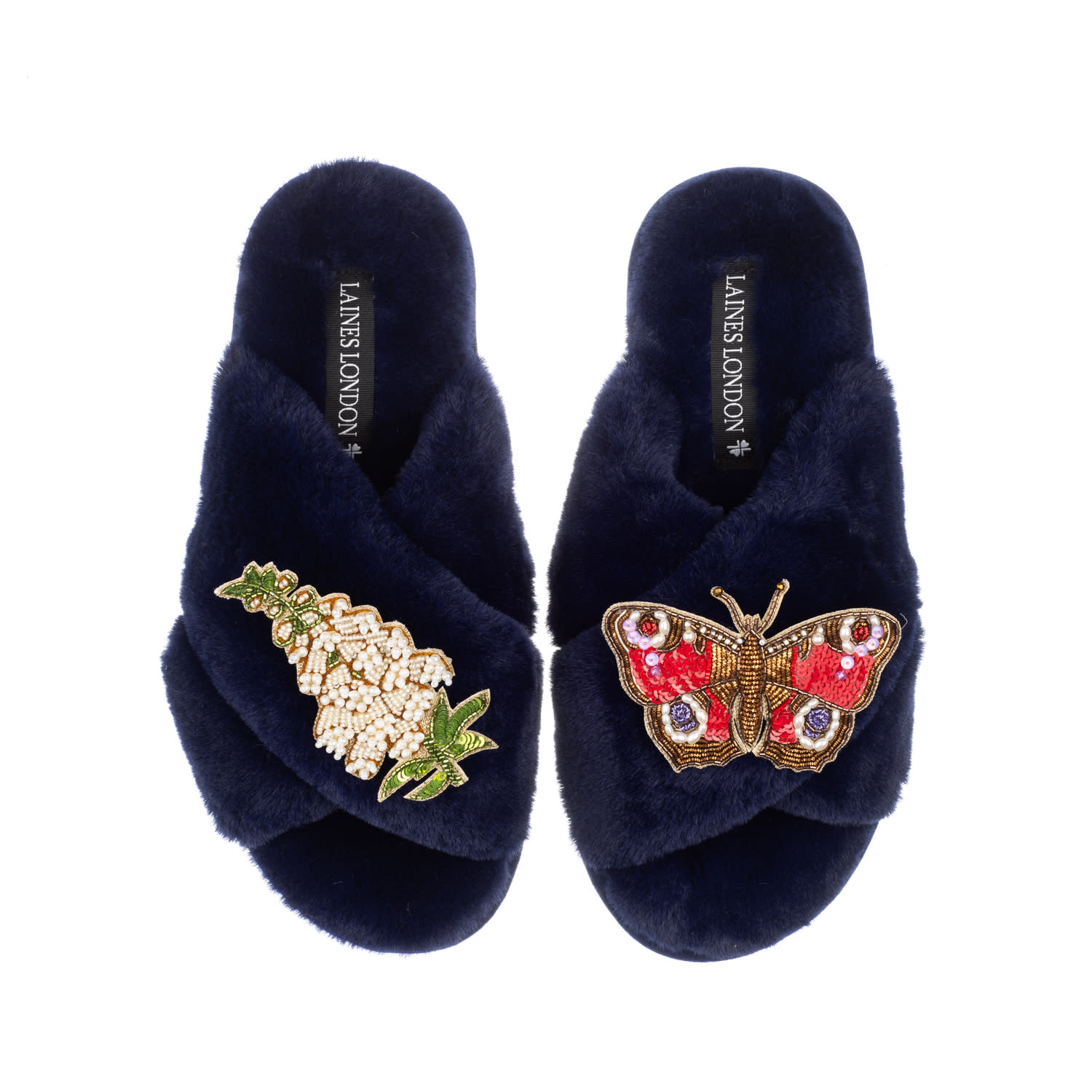 Laines London Women's Blue Classic Laines Slippers With Butterfly & White Foxglove Flowers Brooches - Navy In Blue