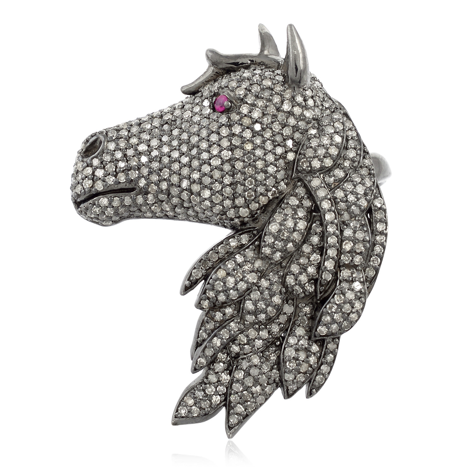 Women’s Grey / White 925 Sterling Silver Pave Diamond Natural Ruby Handmade Horse Ring Artisan