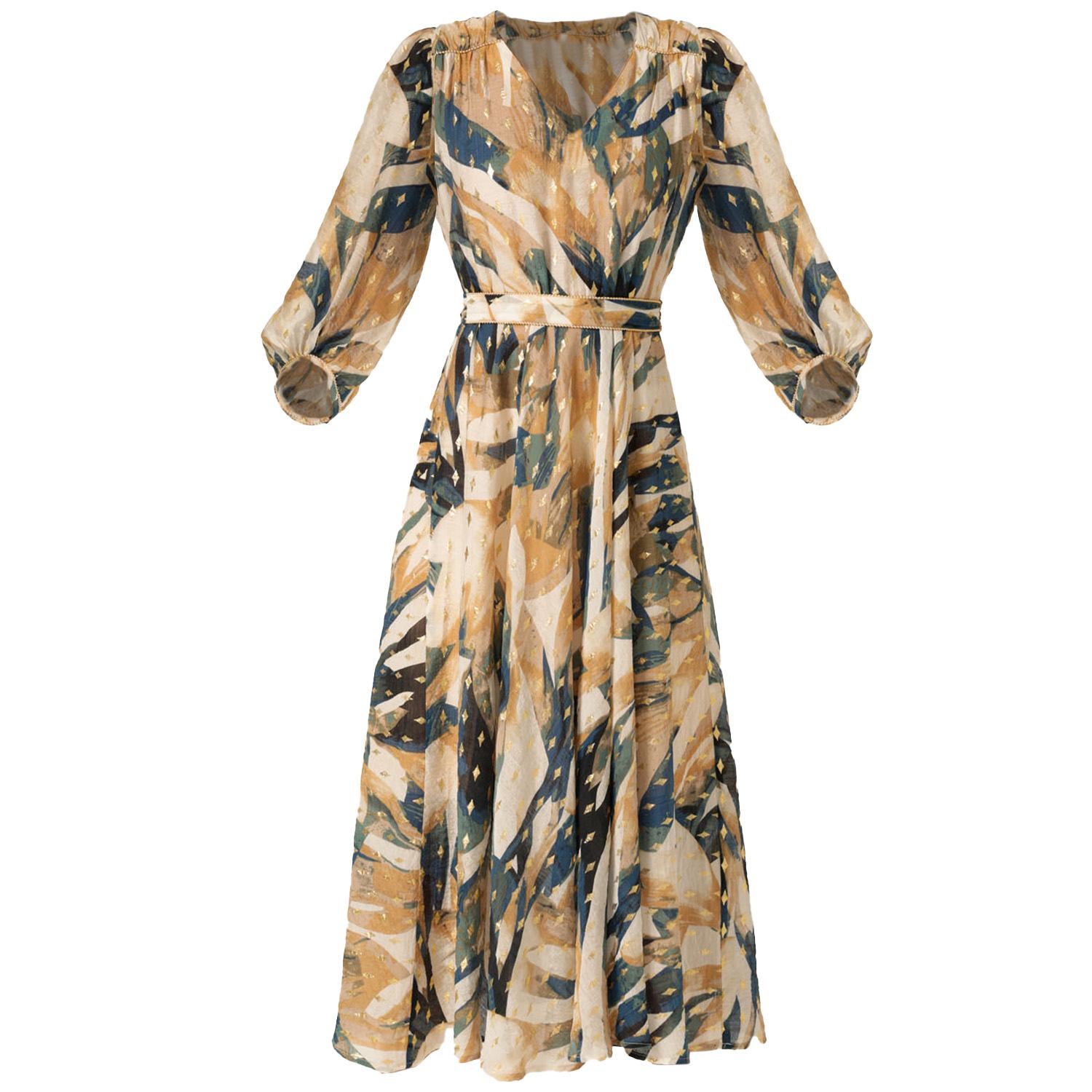 Sacha Drake Women's Gold / Blue / Neutrals La Mer Midi Dress In Navy Sand Gold In Multi