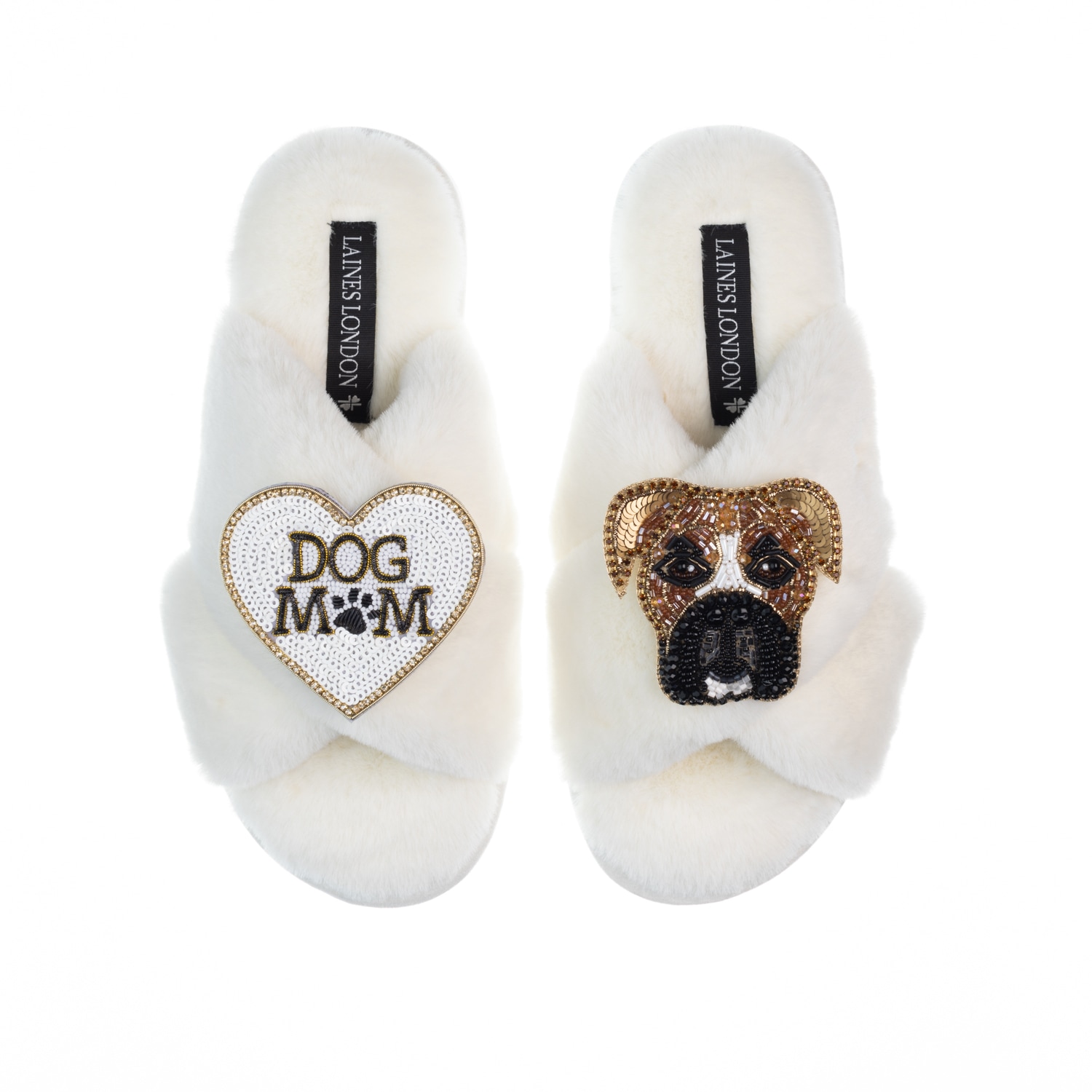 Women’s White Classic Laines Slippers With Pip The Boxer & Dog Mum / Mom Brooches - Cream Large Laines London