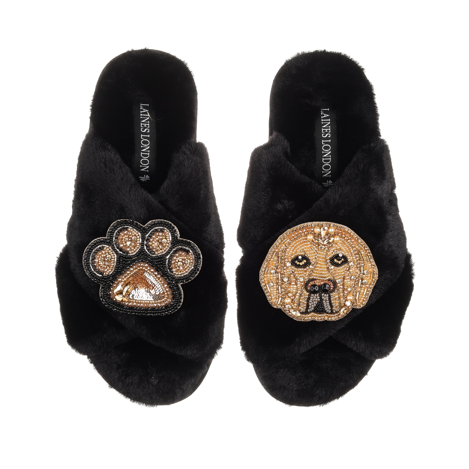 Women’s Classic Laines Slippers With Skip & Paw Brooches - Black Medium Laines London