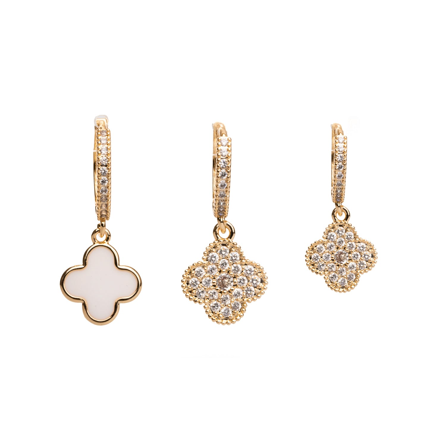 Ebru Jewelry Women's Gold / White Clover Diamond & White Trio Gold Hoop Earring Set - Gold In Gold