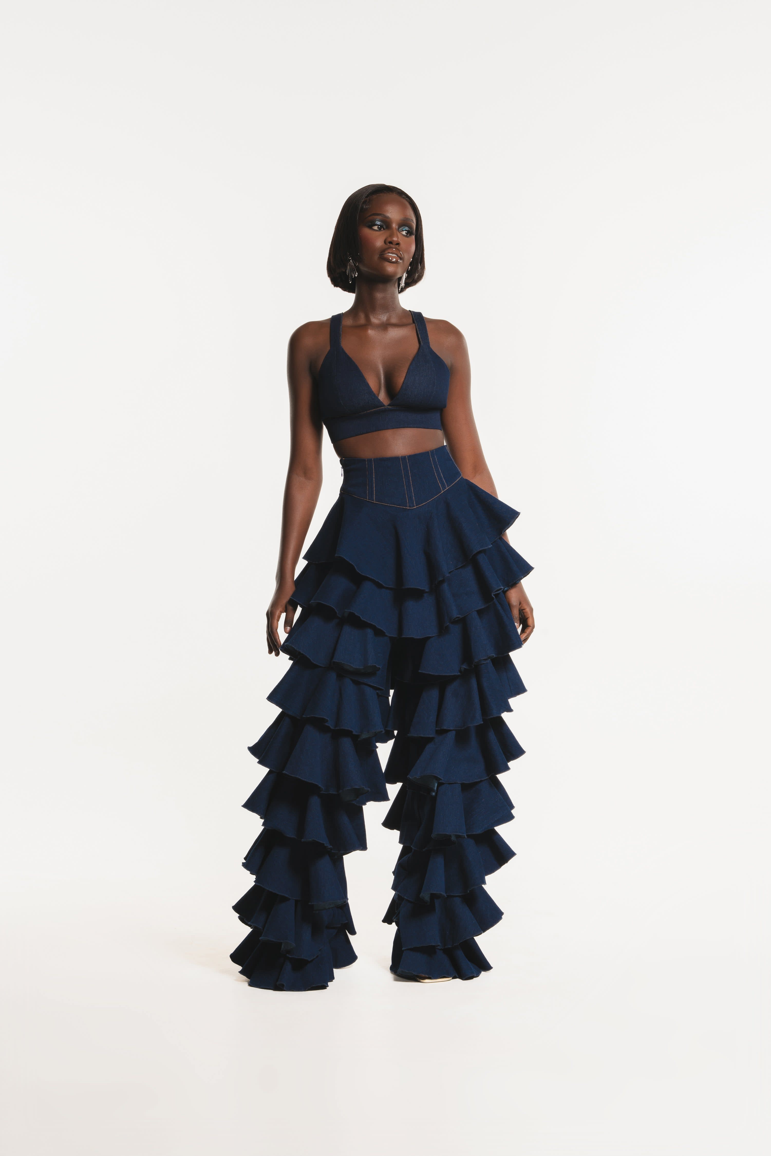 bow.a SUNGARD FRILL TAPERED PANTS&テーパード Daria Denim Ruffle Pants | OFUURE | Wolf & Badger