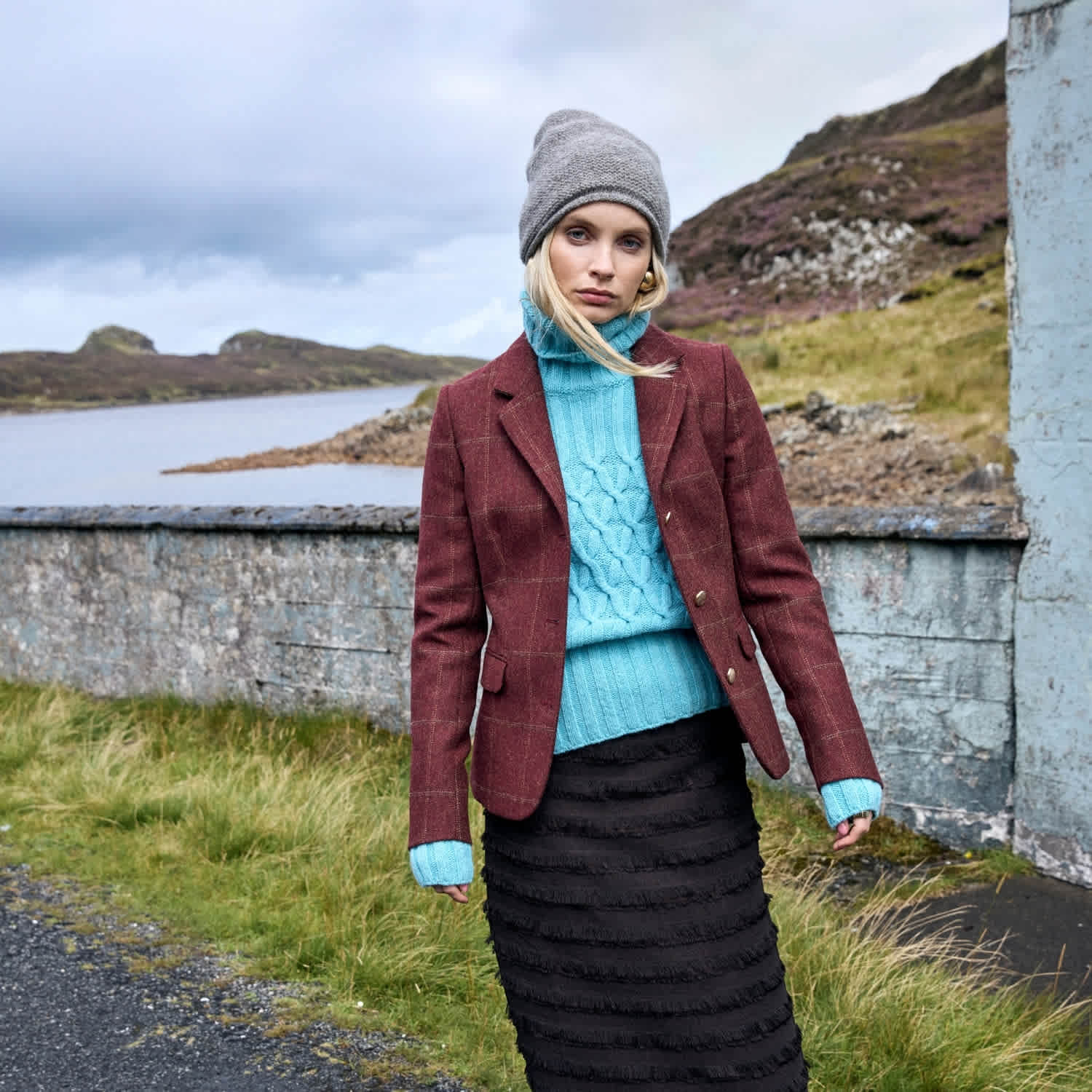 Wine & Gold Windowpane Orla Double Vent Tweed Jacket | Triona