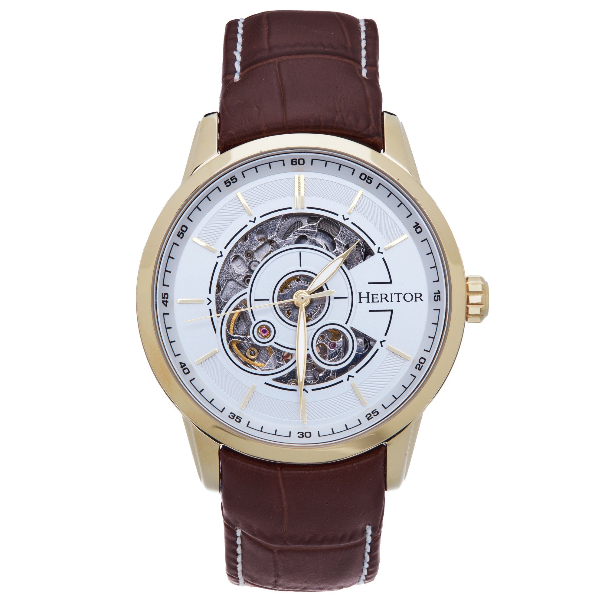 Men’s Davies Semi-Skeleton Leather-Band Watch - Gold One Size Heritor Automatic