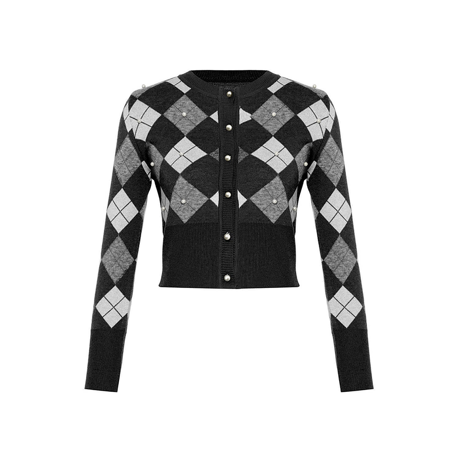 Theo The Label Women's Black Nomia Plaid Pearly Cardigan - Grey In Black