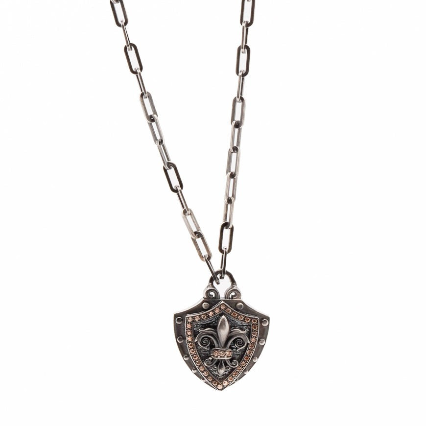 Men’s Sterling Silver Fleur De Lis Shield Necklace - Silver Ebru Jewelry