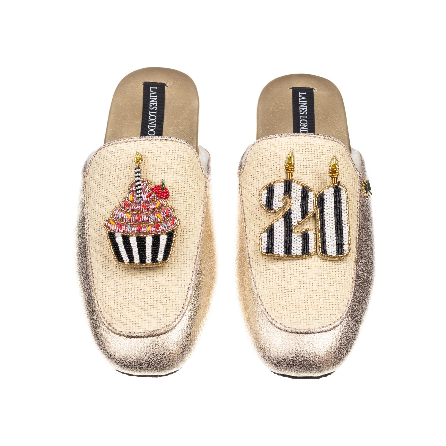 Laines London Women's Gold / Neutrals Classic Mules With Stripe 21st Birthday & Cake Brooches - Cream & Gold In Gold