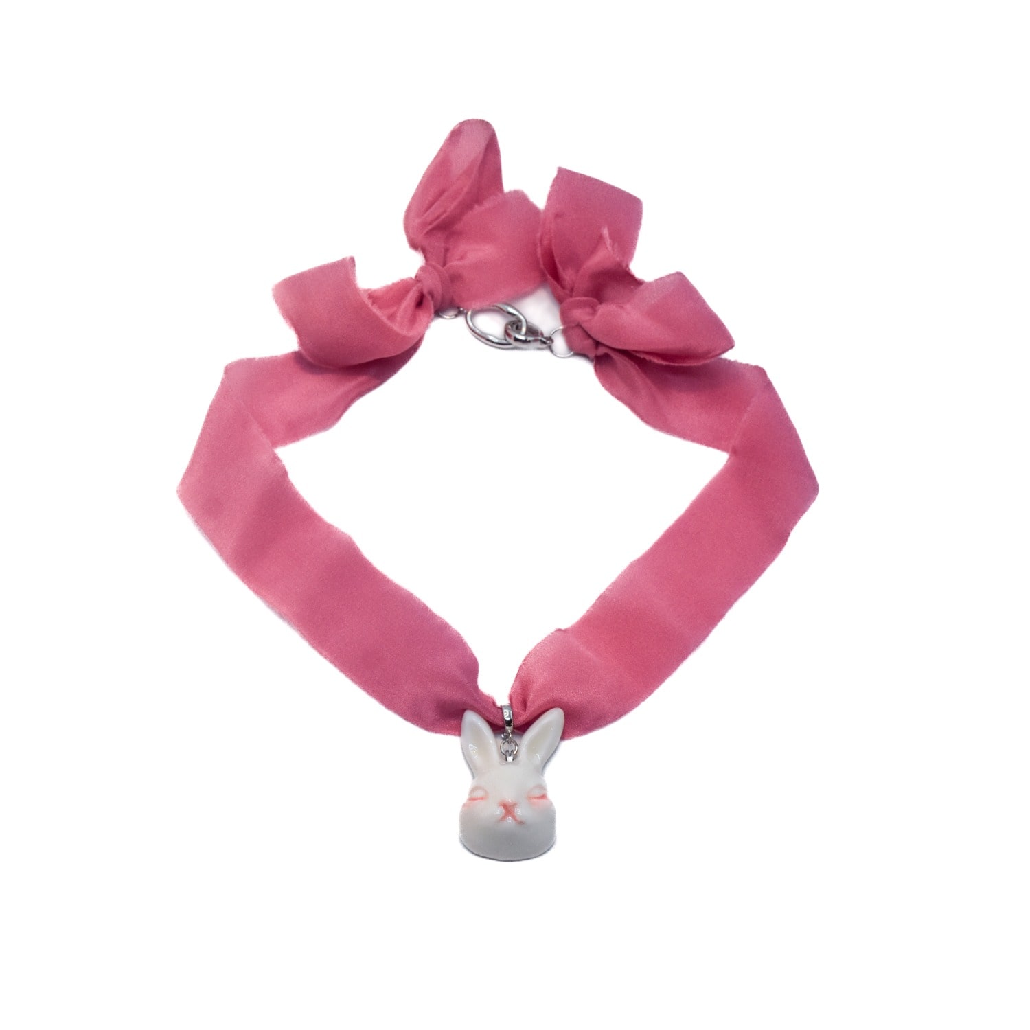H2 Studio Women's White / Pink Grumpy Bunny Hot Pink Silk Choker Necklace In Multi