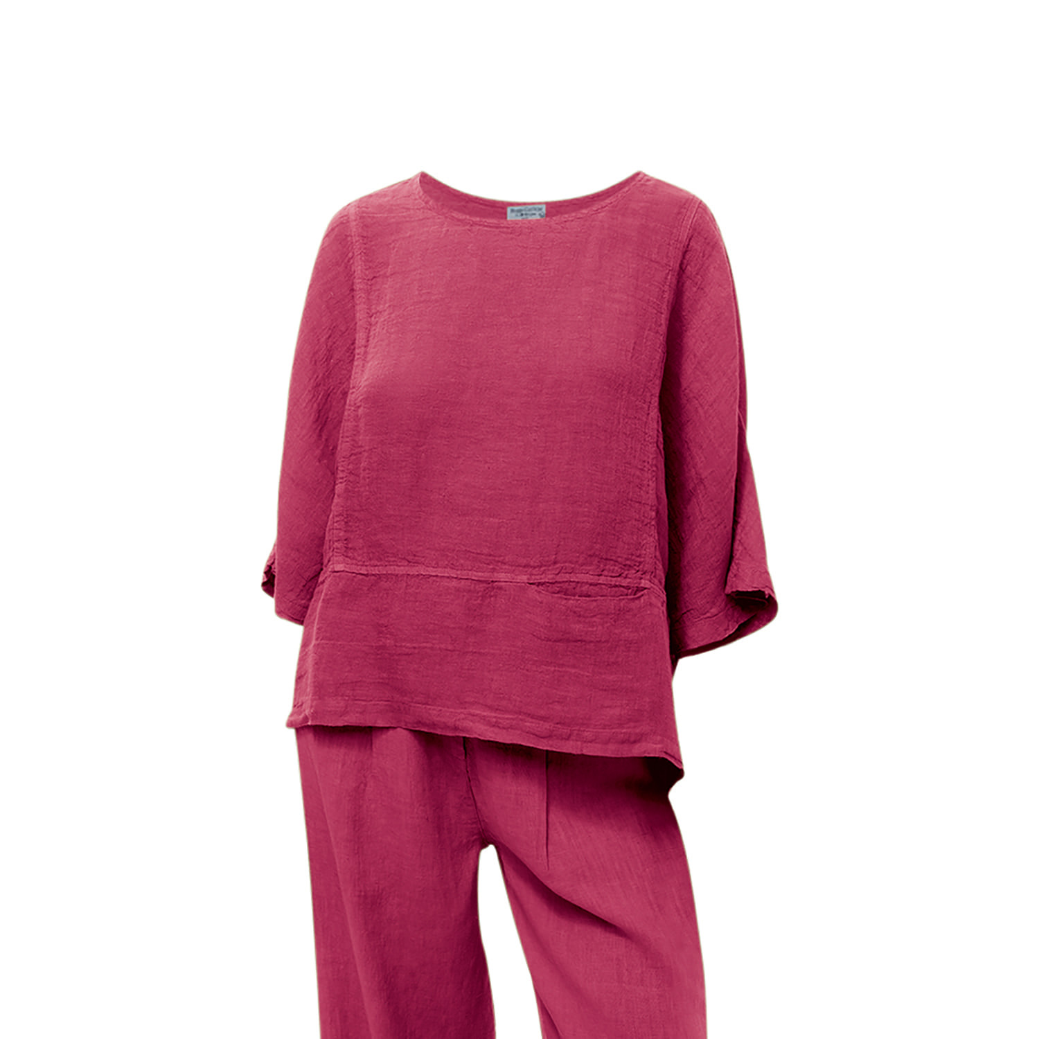 Haris Cotton Women's Red Round Neck Linen Blouse With Batwing Sleeve Berry In Red