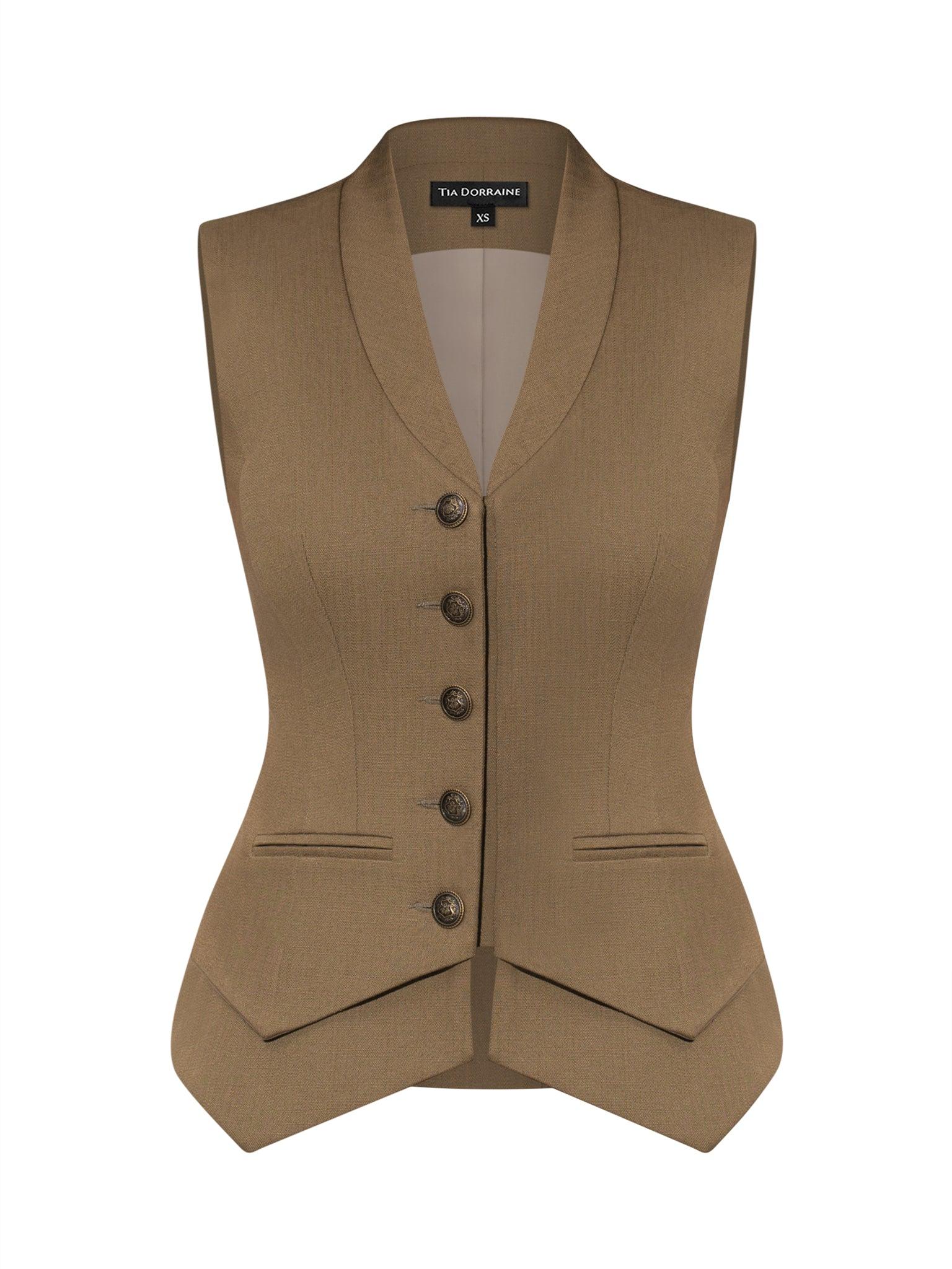 Women's Green Fitted Single-Breasted Waistcoat In Linen - Khaki | Small | Tia Dorraine